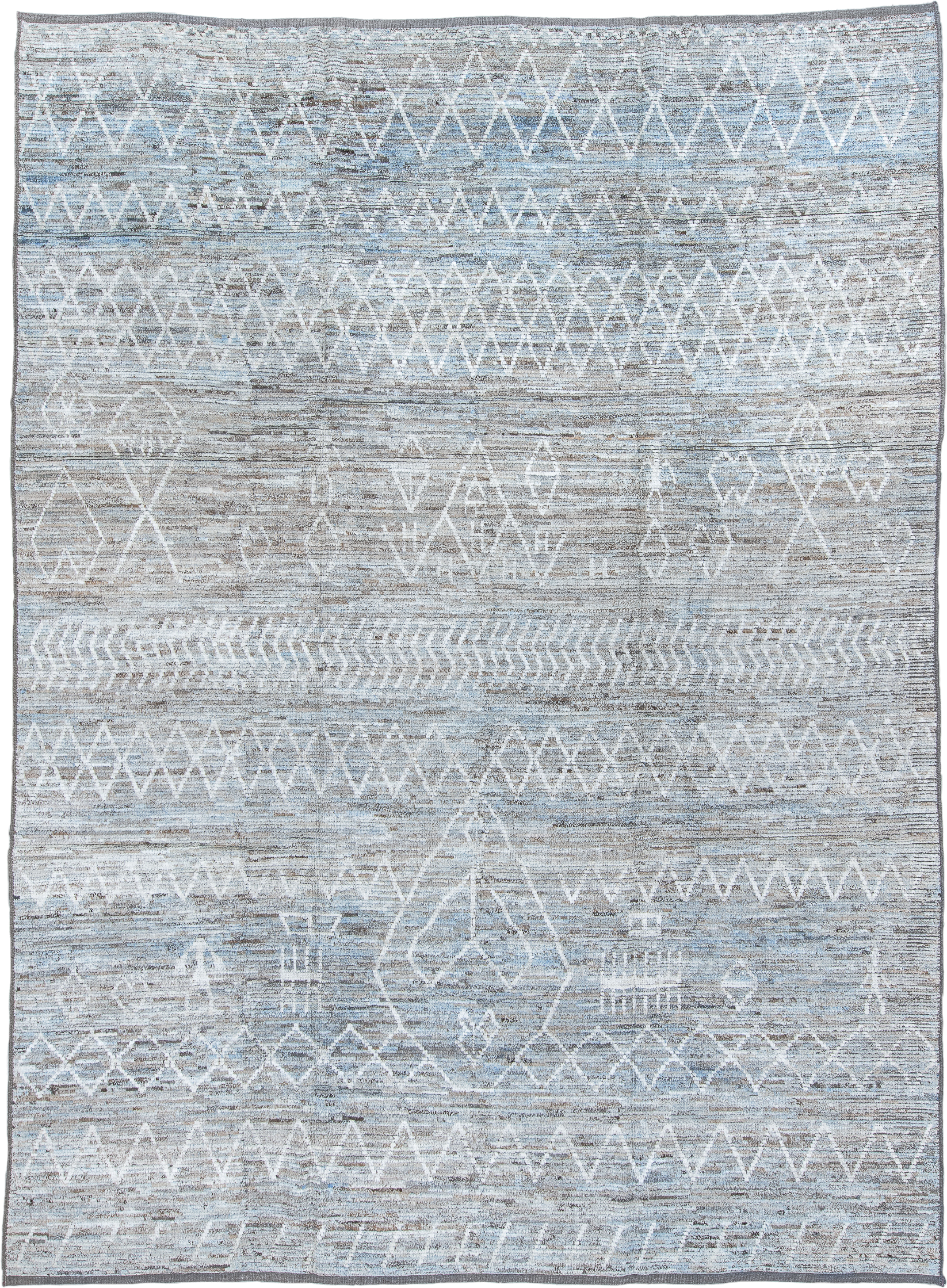 10' x 14' one-of-a-kind handmade vintage Tulu large size rug. Color palette: ivory, pale blue, gray, taupe, slate