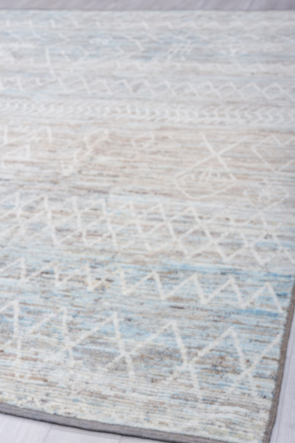 10' x 14' one-of-a-kind handmade vintage Tulu large size rug. Color palette: ivory, pale blue, gray, taupe, slate