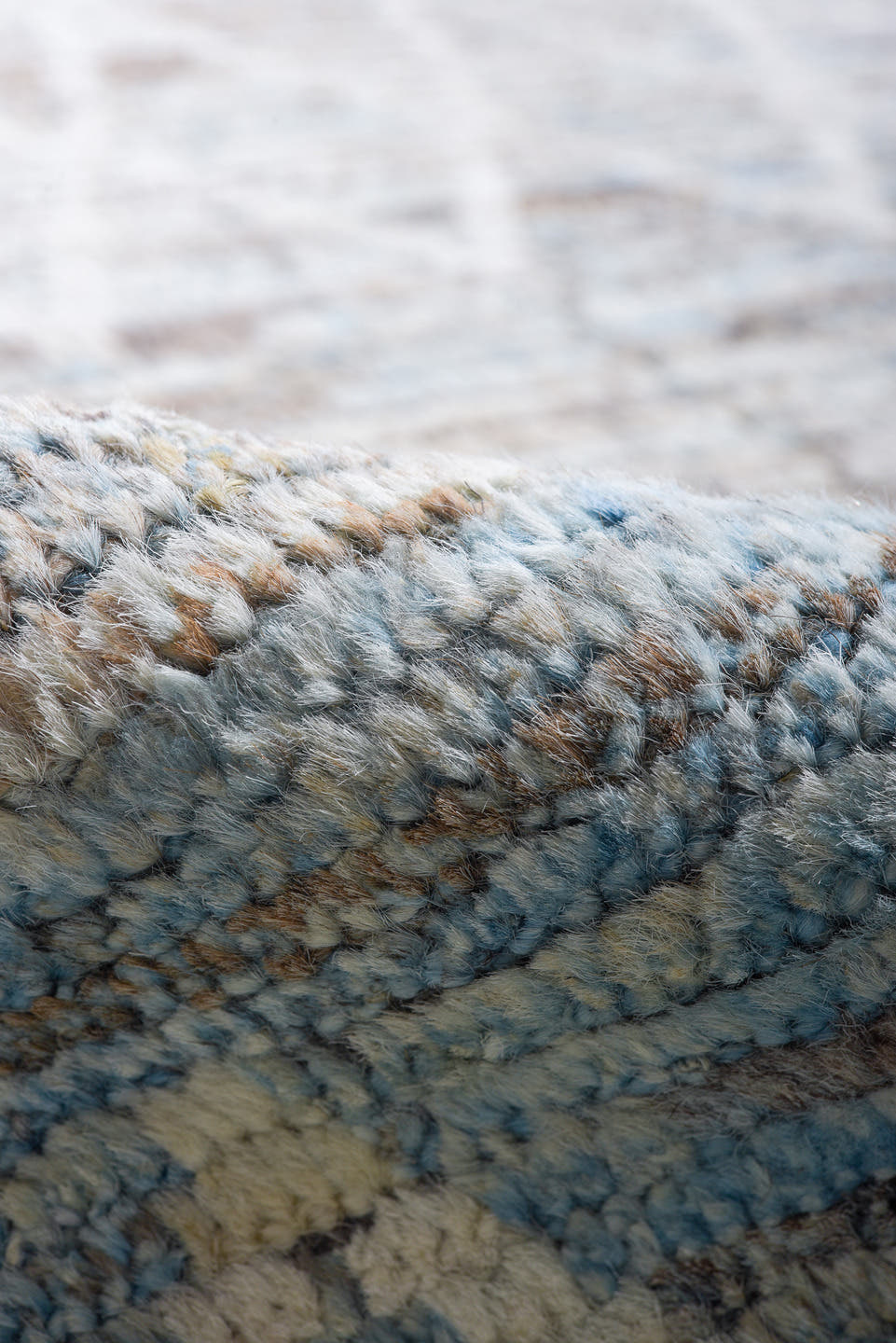 10' x 14' one-of-a-kind handmade vintage Tulu large size rug. Color palette: ivory, pale blue, gray, taupe, slate