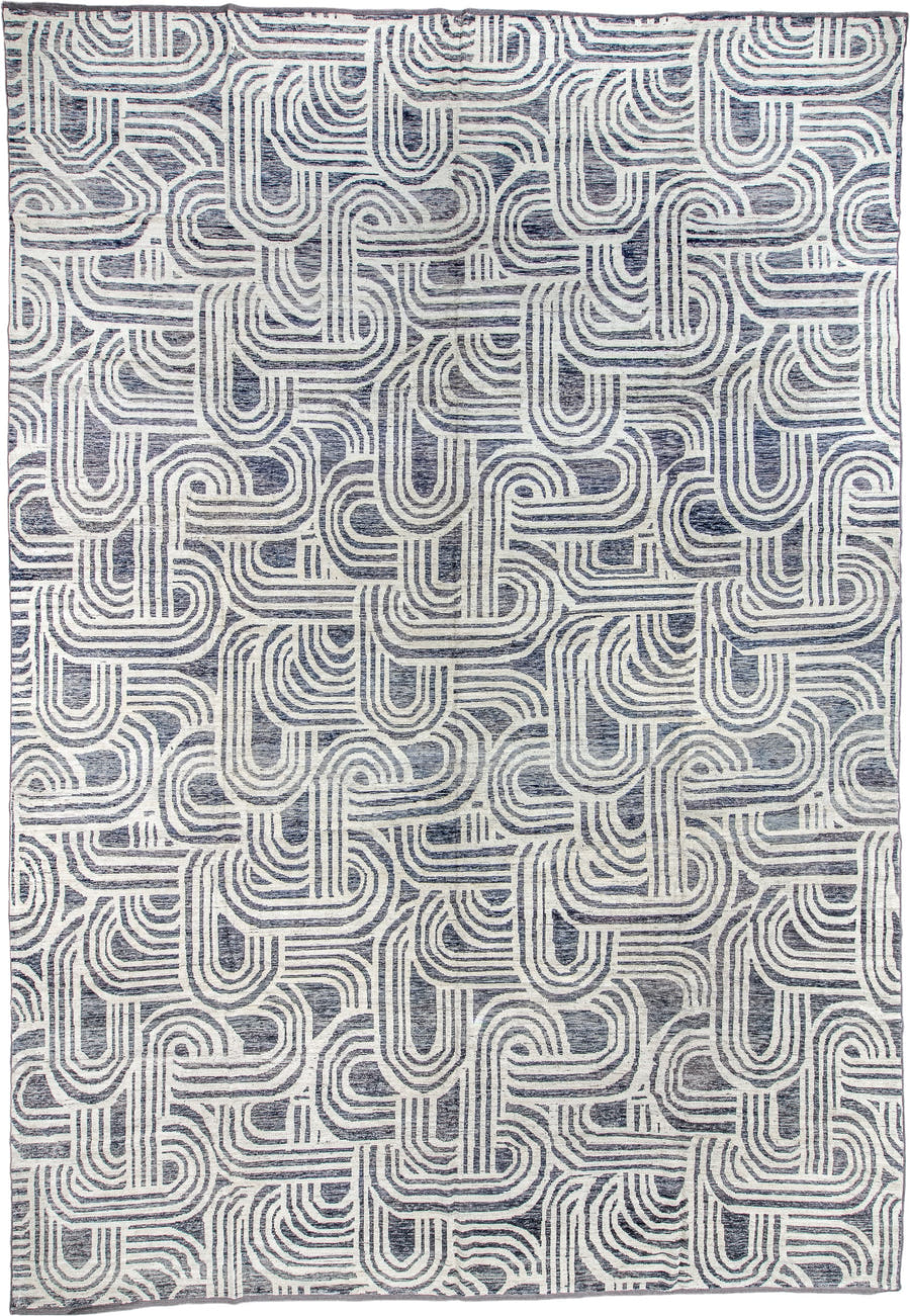 13' x 19' one-of-a-kind handmade vintage Tulu oversize rug. Color palette: ivory, slate, charcoal, gray, black