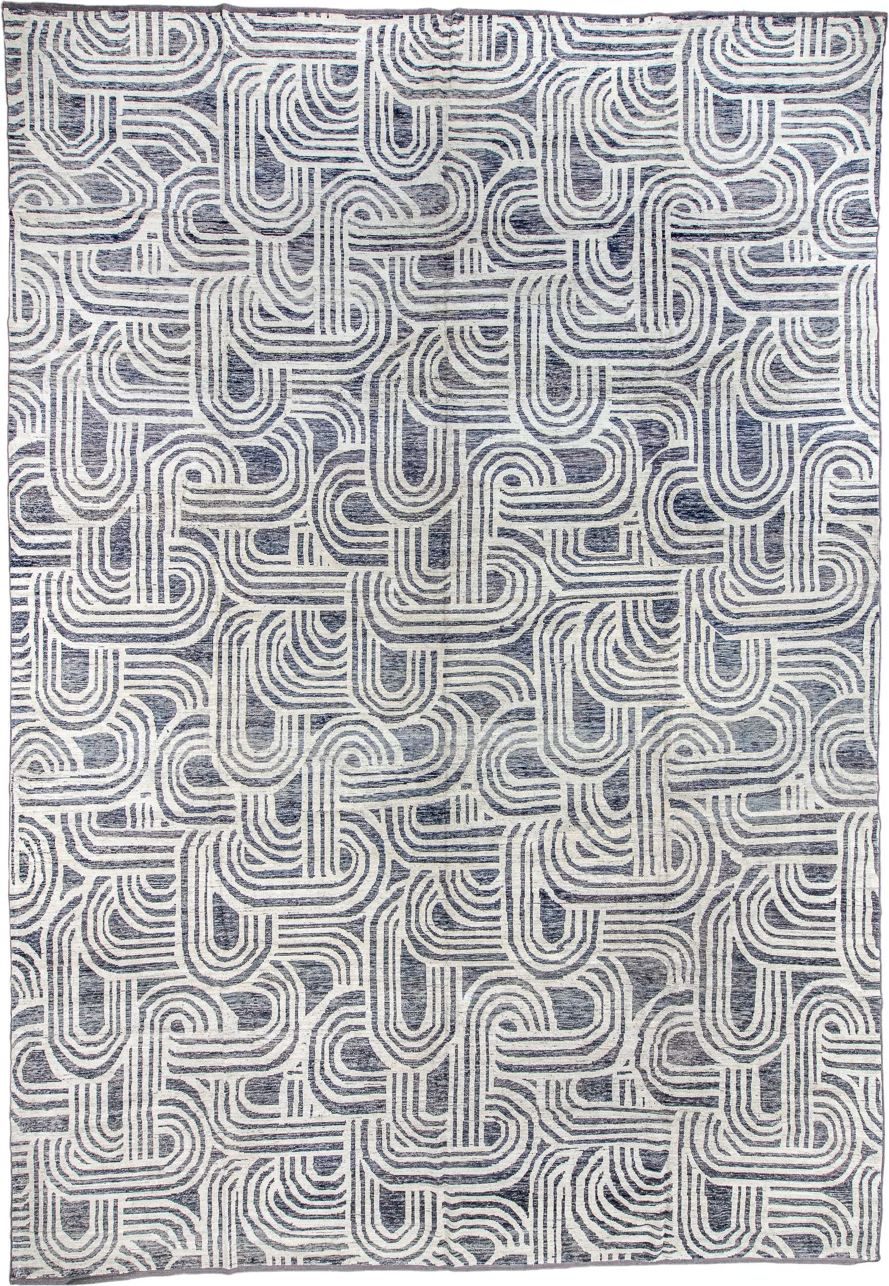 13' x 19' one-of-a-kind handmade vintage Tulu oversize rug. Color palette: ivory, slate, charcoal, gray, black