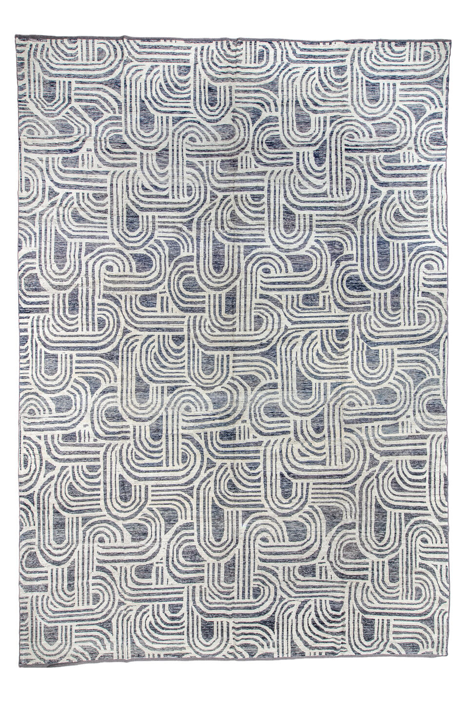 13' x 19' one-of-a-kind handmade vintage Tulu oversize rug. Color palette: black, blue, dark gray, dim gray, gainsboro, gray