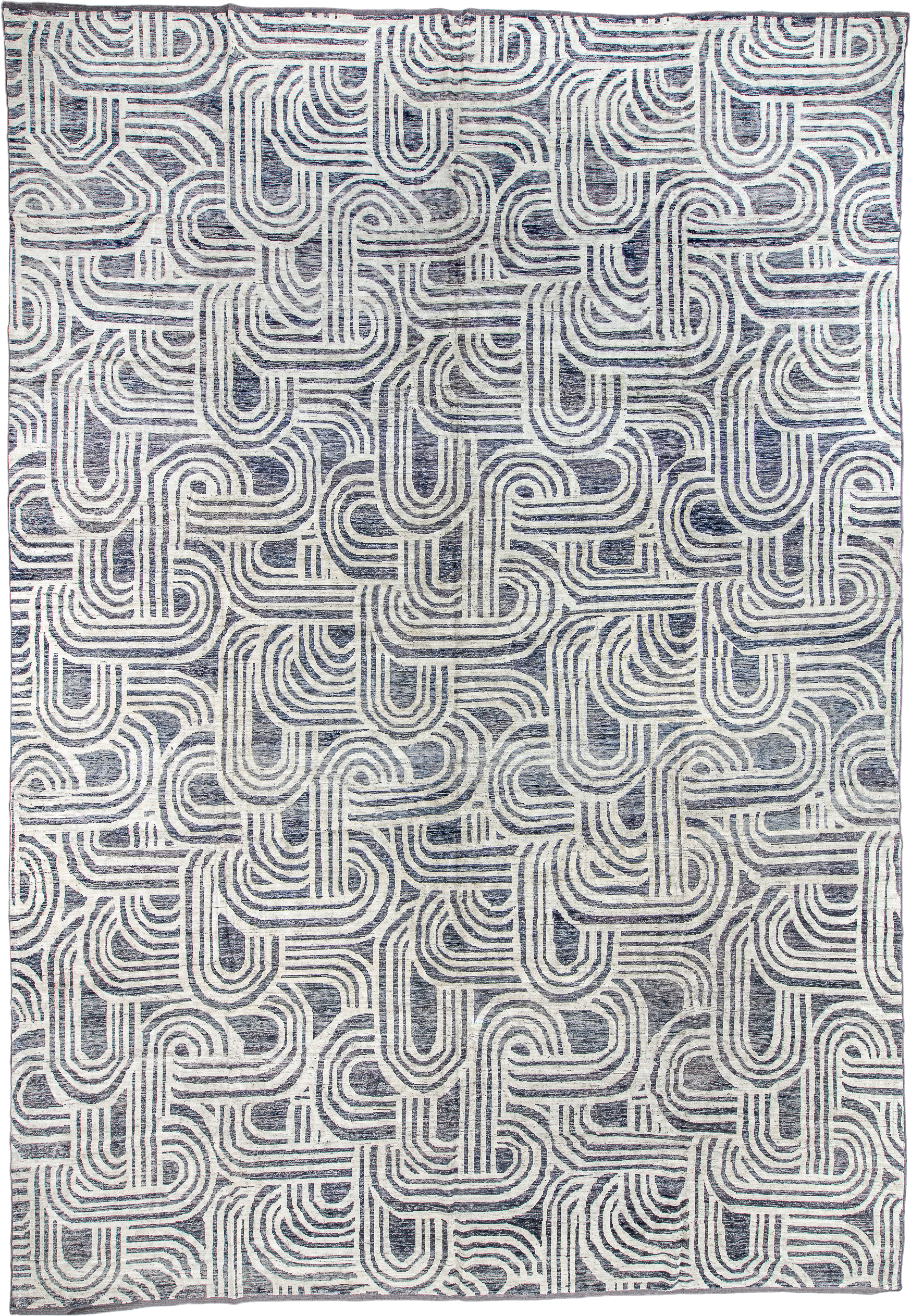 13' x 19' one-of-a-kind handmade vintage Tulu oversize rug. Color palette: ivory, slate, charcoal, gray, black