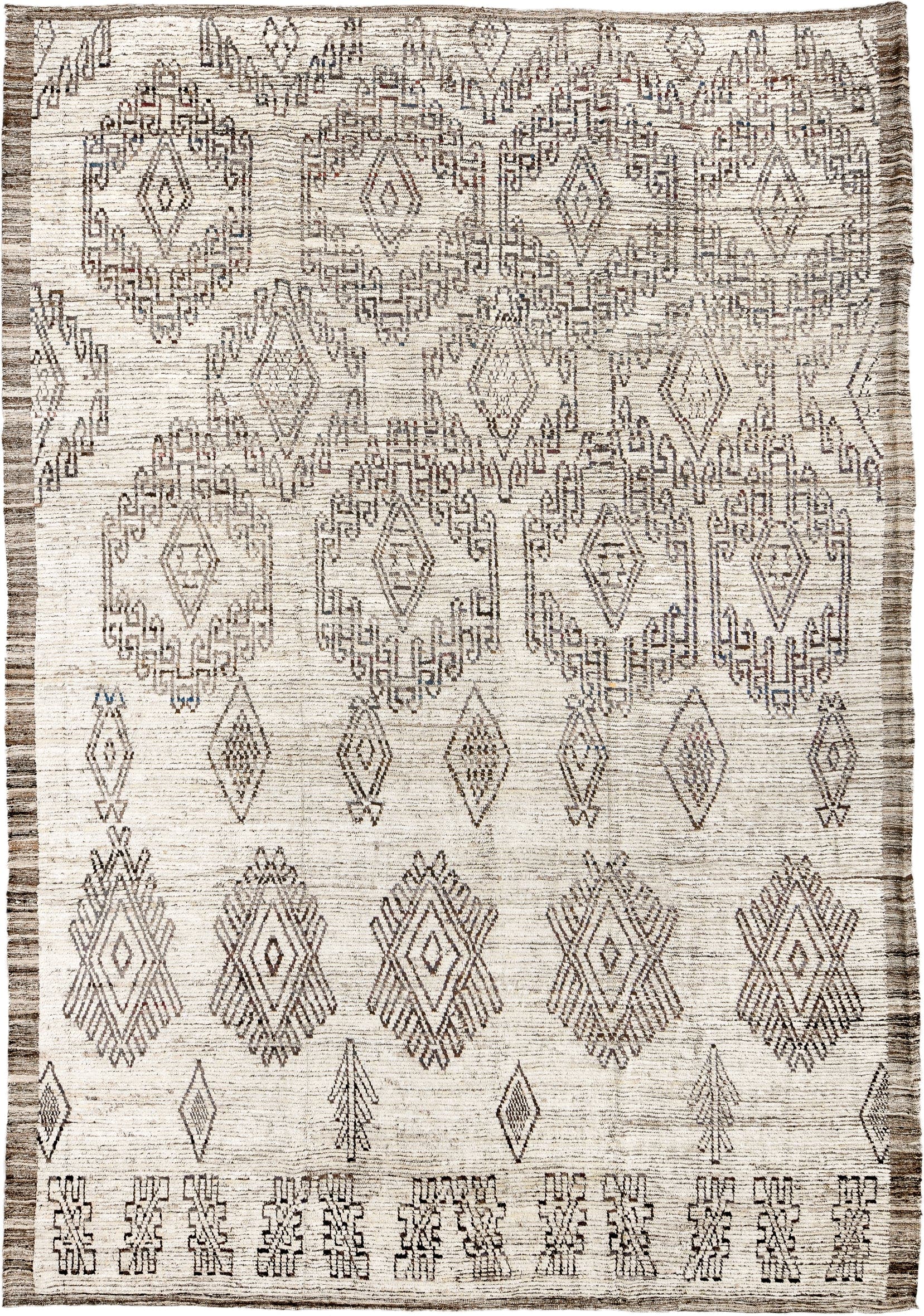 9' x 14' one-of-a-kind handmade vintage Tulu large size rug. Color palette: ivory, brown, taupe, charcoal, muted blue, rust