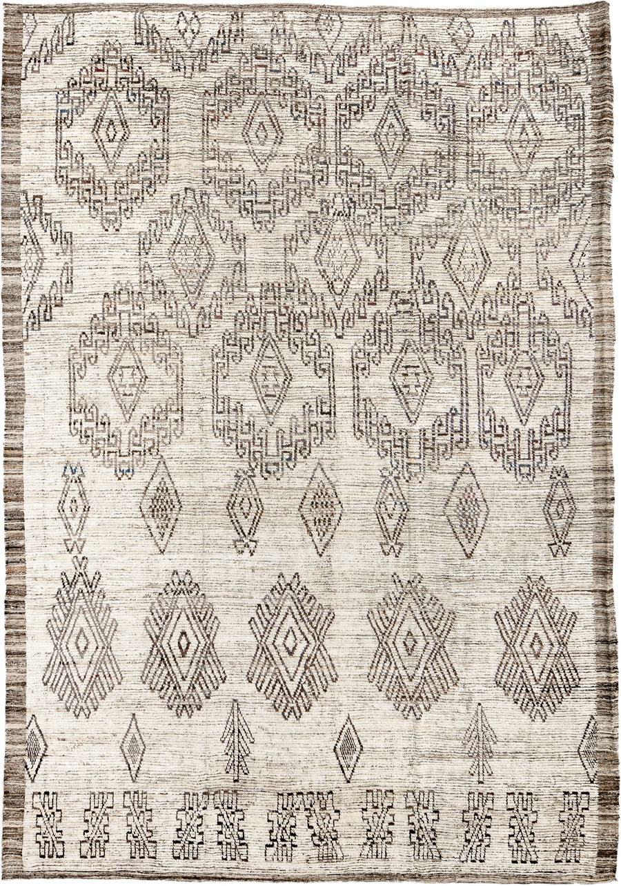 9' x 14' one-of-a-kind handmade vintage Tulu large size rug. Color palette: ivory, brown, taupe, charcoal, muted blue, rust