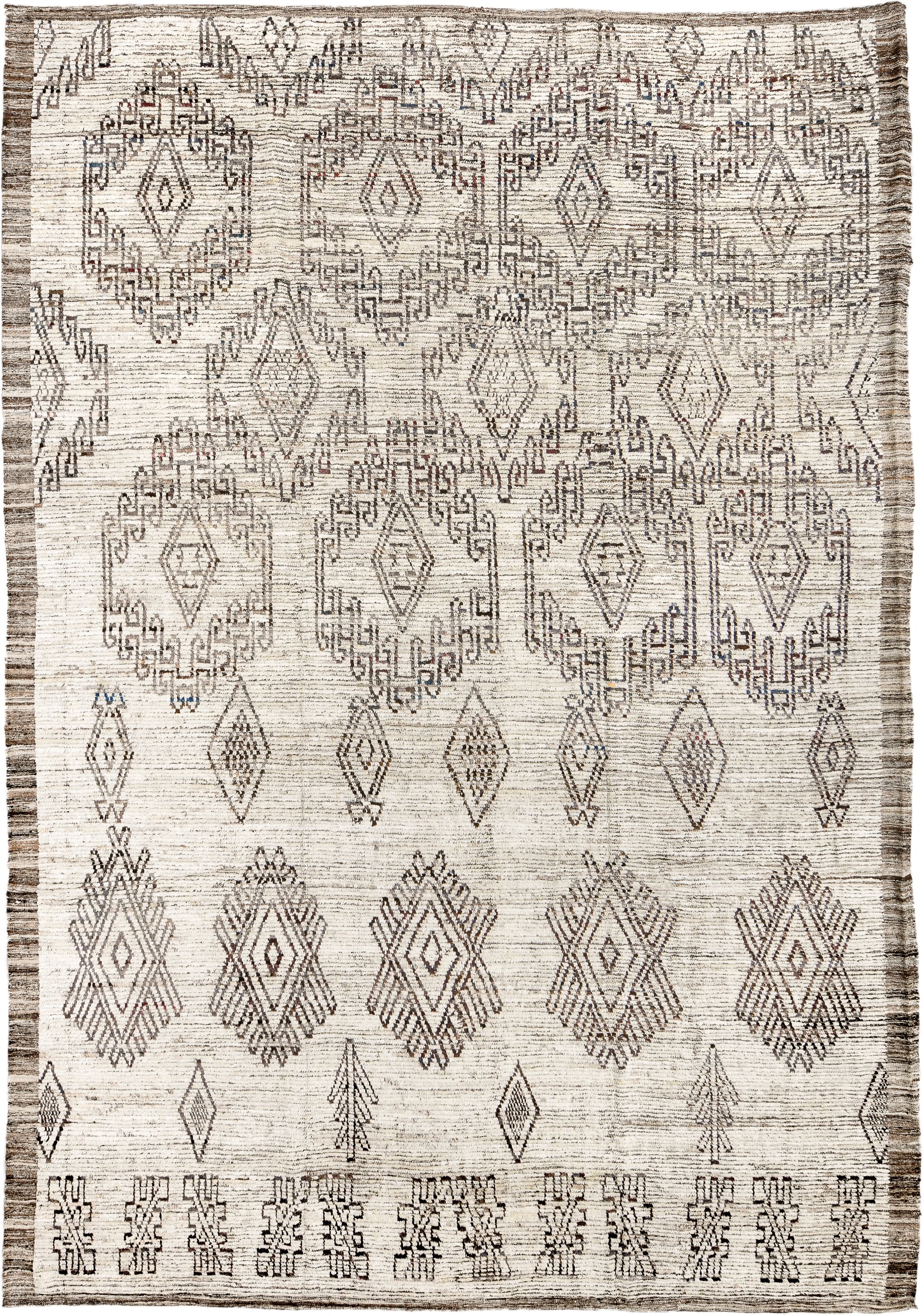 9' x 14' one-of-a-kind handmade vintage Tulu large size rug. Color palette: ivory, brown, taupe, charcoal, muted blue, rust