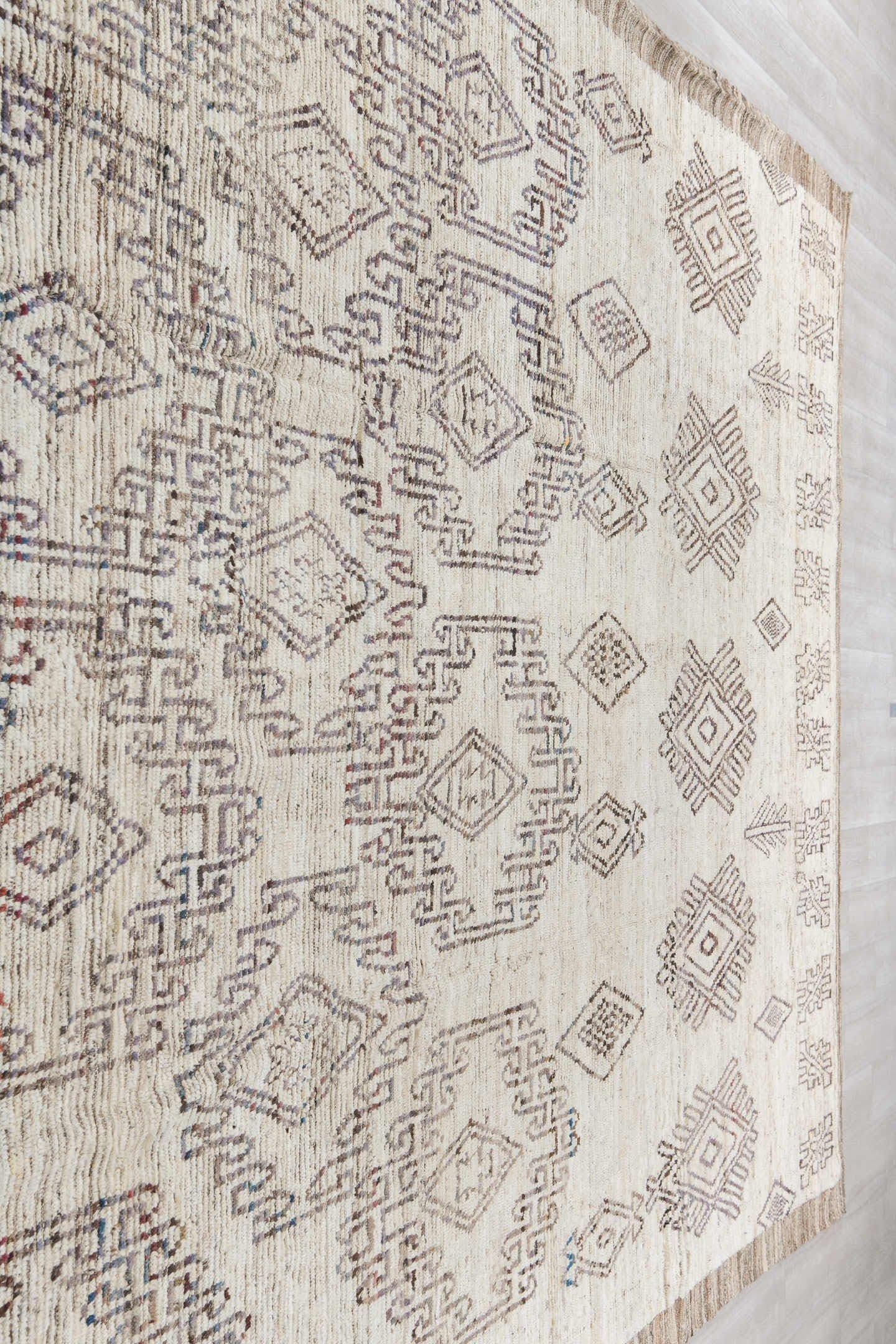 9' x 14' one-of-a-kind handmade vintage Tulu large size rug. Color palette: ivory, brown, taupe, charcoal, muted blue, rust