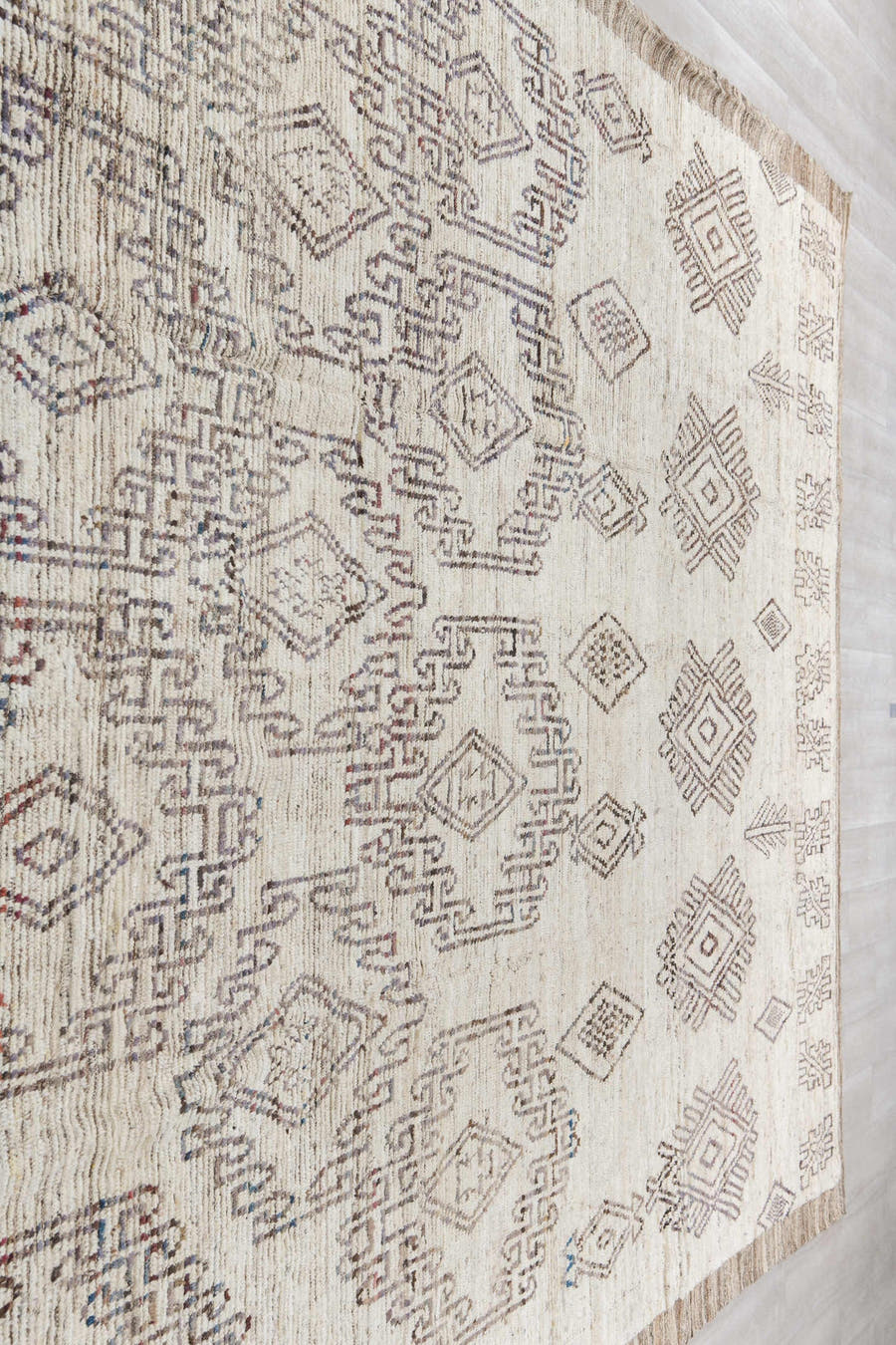 9' x 14' one-of-a-kind handmade vintage Tulu large size rug. Color palette: ivory, brown, taupe, charcoal, muted blue, rust