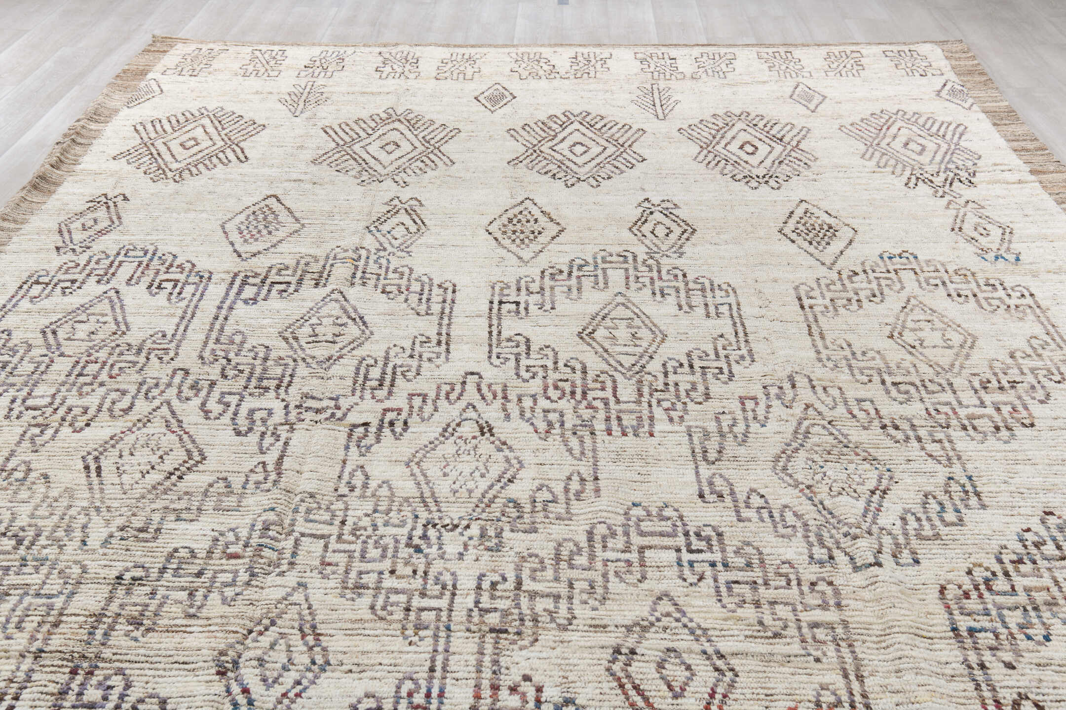 9' x 14' one-of-a-kind handmade vintage Tulu large size rug. Color palette: blue, gainsboro, gray, light gray, linen