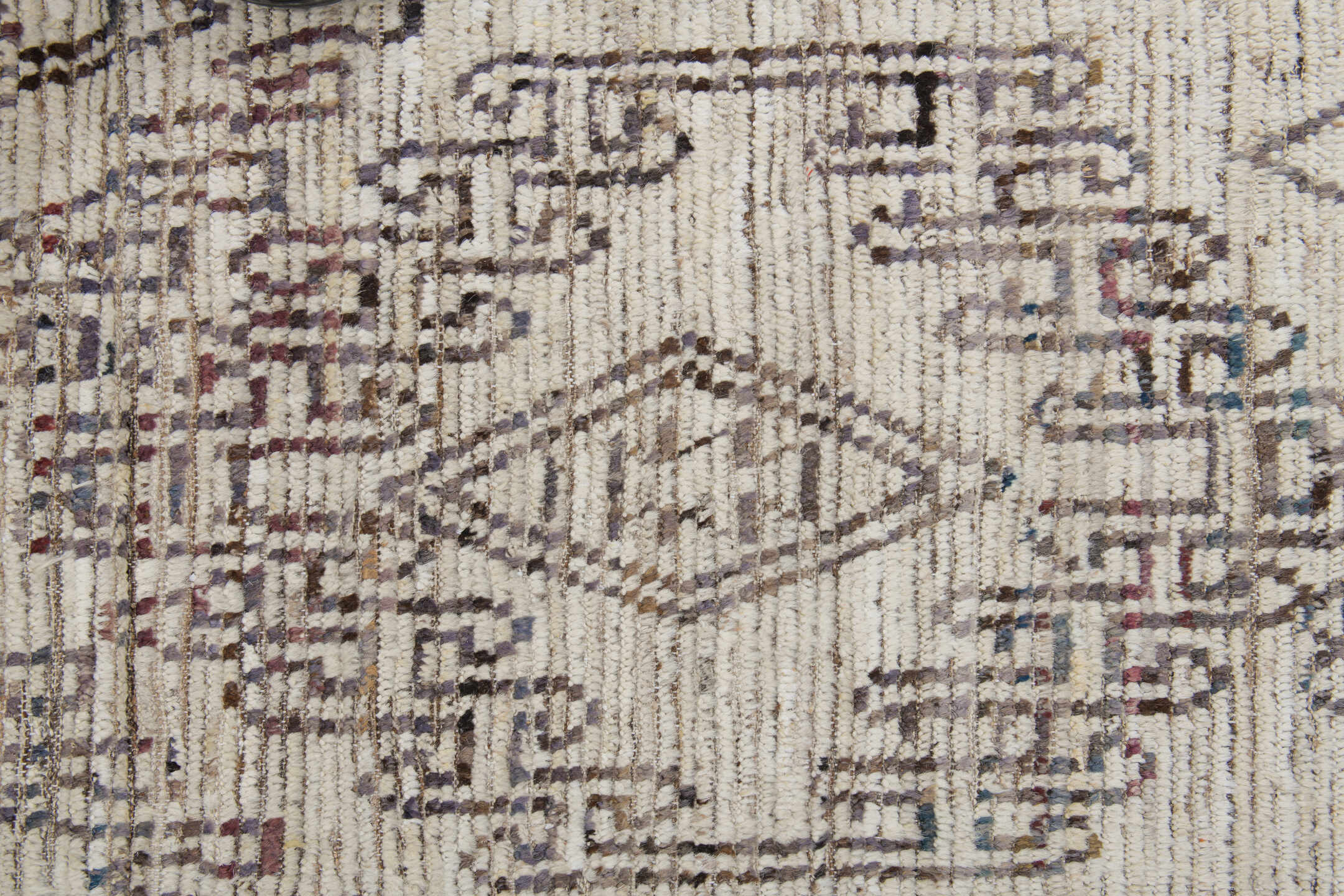 9' x 14' one-of-a-kind handmade vintage Tulu large size rug. Color palette: ivory, brown, taupe, charcoal, muted blue, rust