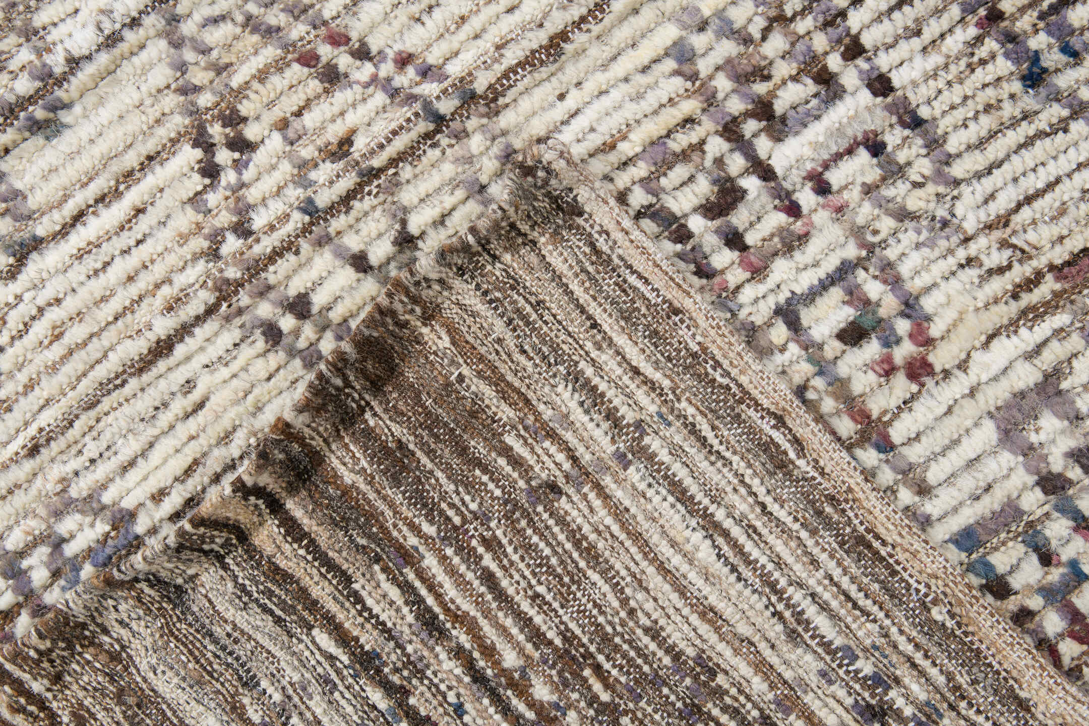 9' x 14' one-of-a-kind handmade vintage Tulu large size rug. Color palette: ivory, brown, taupe, charcoal, muted blue, rust