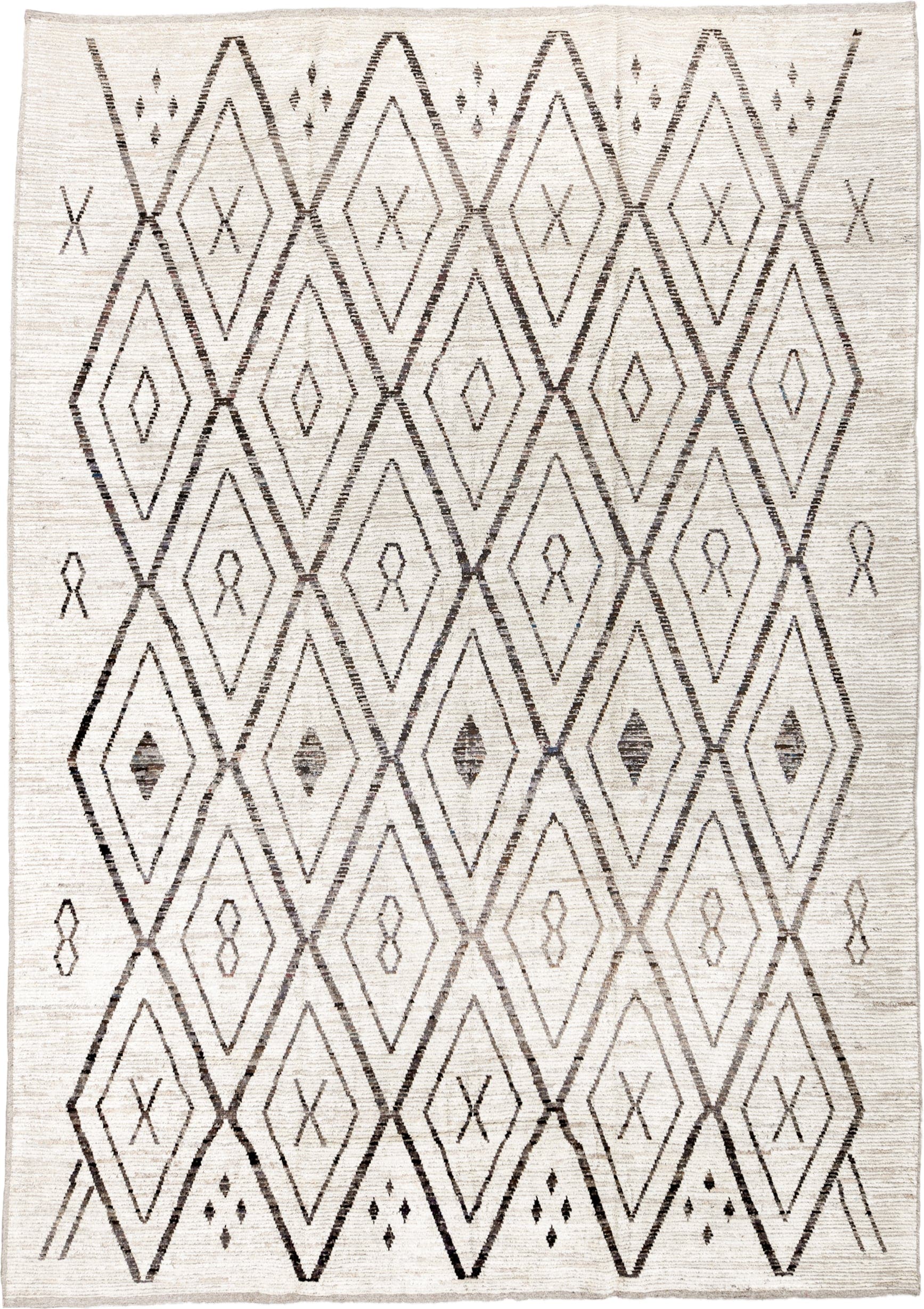 10' x 14' one-of-a-kind handmade vintage Tulu large size rug. Color palette: ivory, charcoal, taupe, brown, gray, black