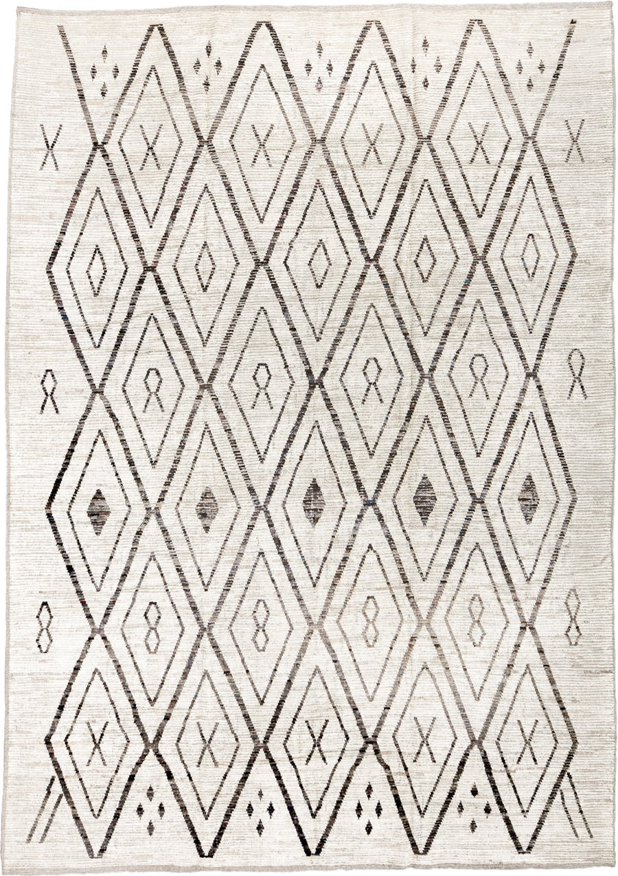 10' x 14' one-of-a-kind handmade vintage Tulu large size rug. Color palette: ivory, charcoal, taupe, brown, gray, black