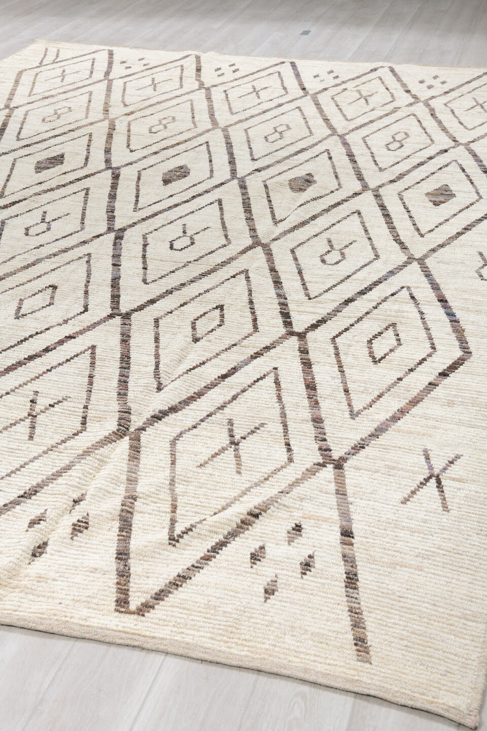 10' x 14' one-of-a-kind handmade vintage Tulu large size rug. Color palette: ivory, charcoal, taupe, brown, gray, black