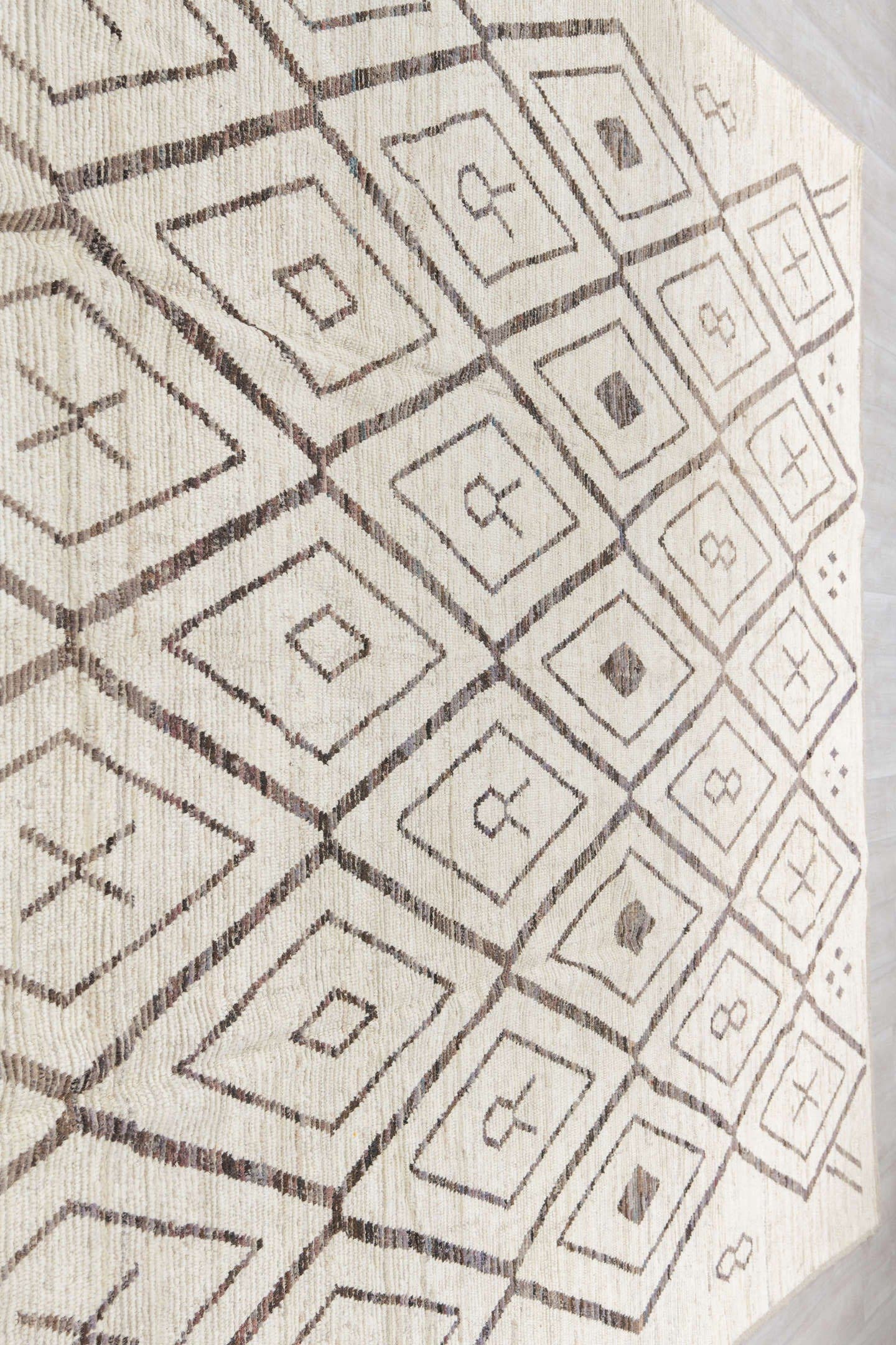 10' x 14' one-of-a-kind handmade vintage Tulu large size rug. Color palette: ivory, charcoal, taupe, brown, gray, black