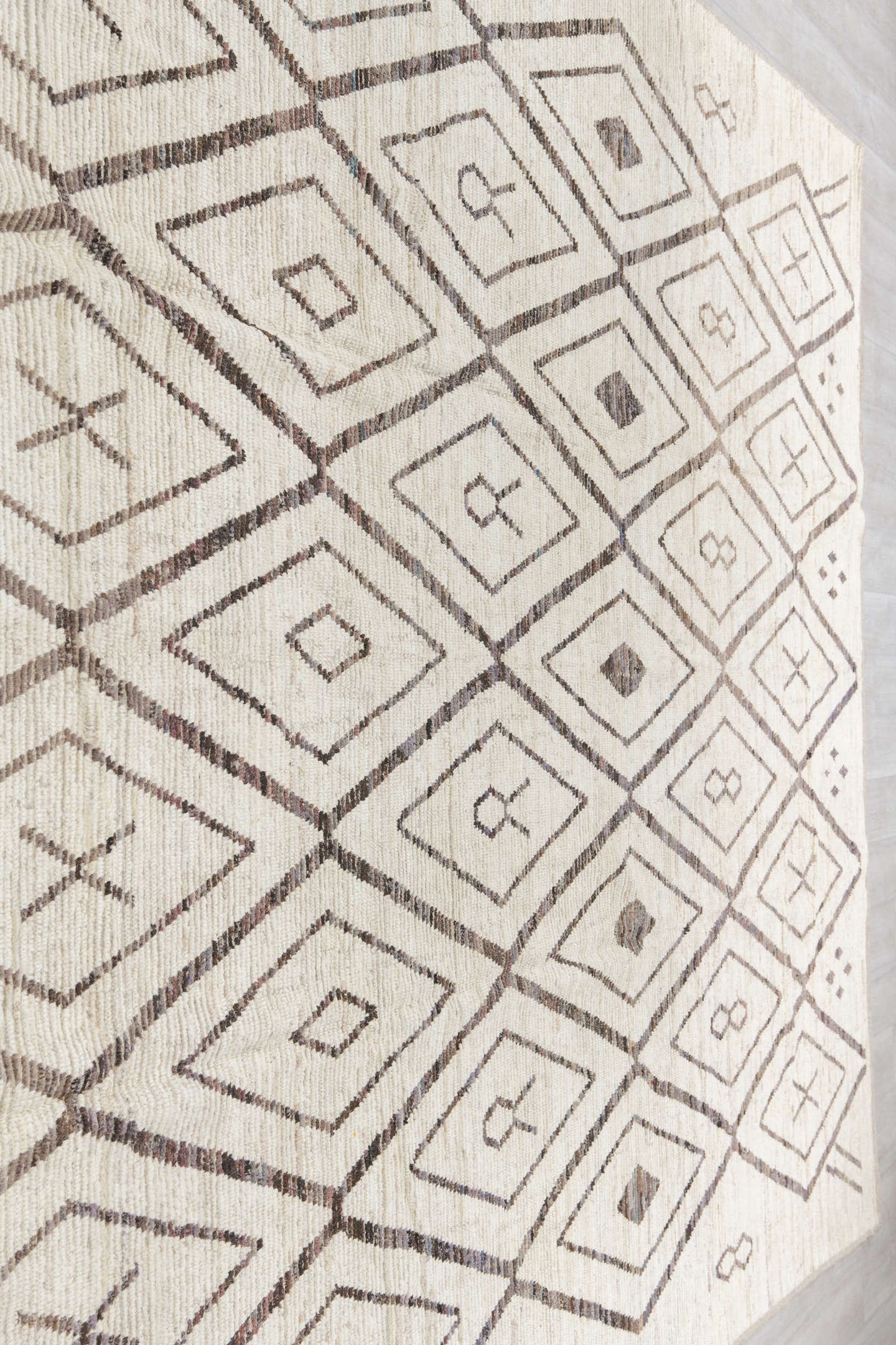 10' x 14' one-of-a-kind handmade vintage Tulu large size rug. Color palette: ivory, charcoal, taupe, brown, gray, black