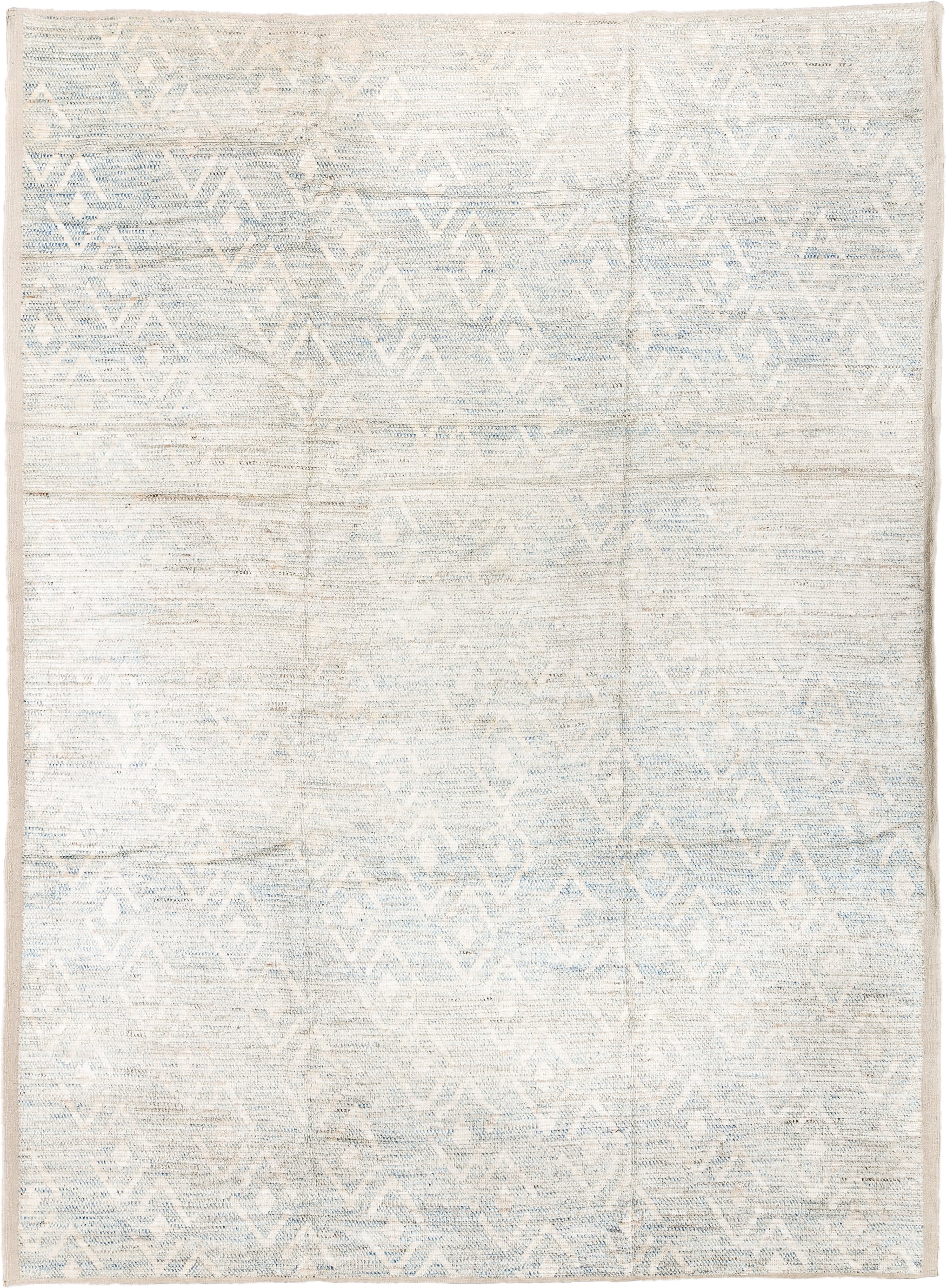 10' x 13' one-of-a-kind handmade vintage Tulu large size rug. Color palette: ivory, pale blue, cream, beige, taupe