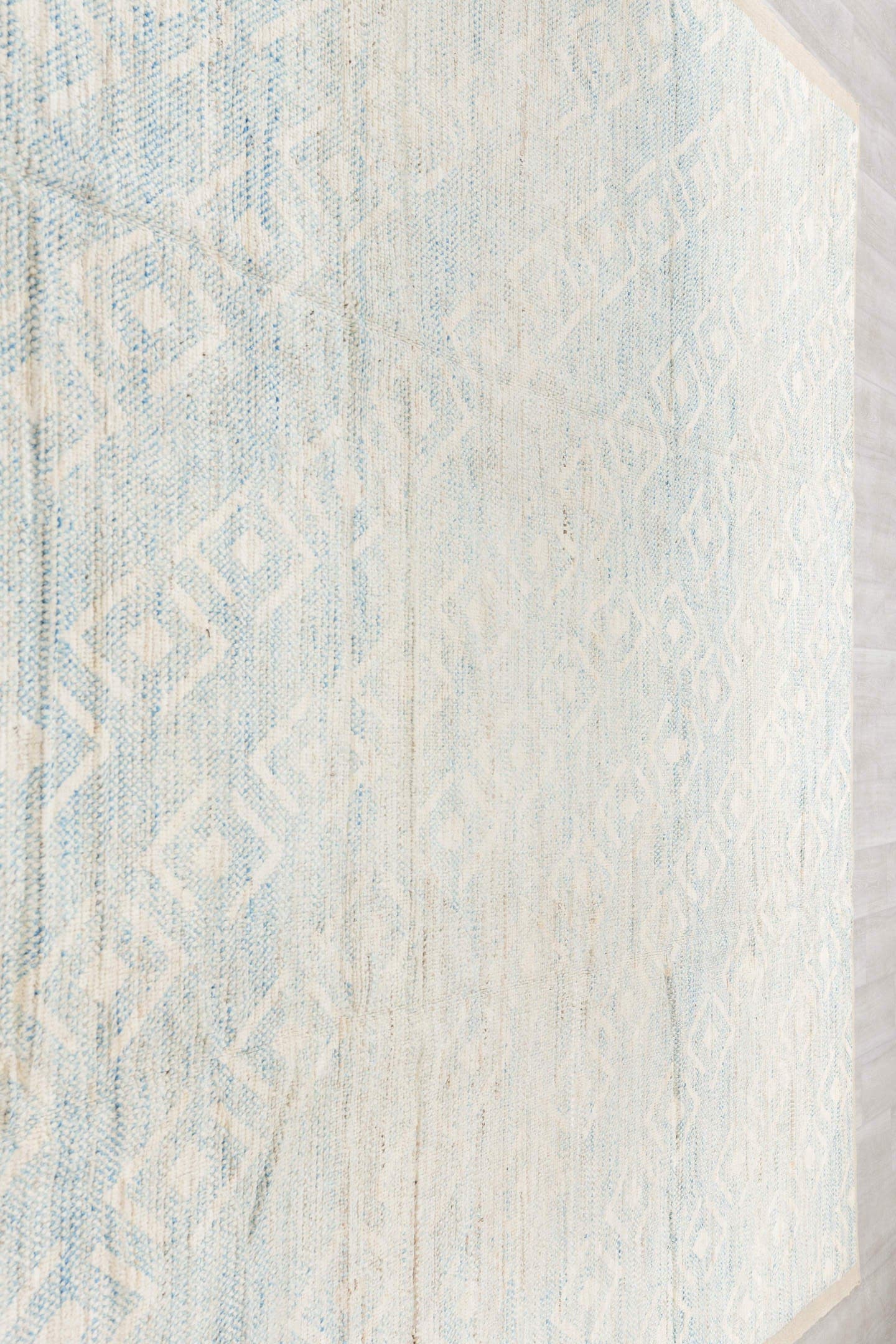 10' x 13' one-of-a-kind handmade vintage Tulu large size rug. Color palette: ivory, pale blue, cream, beige, taupe