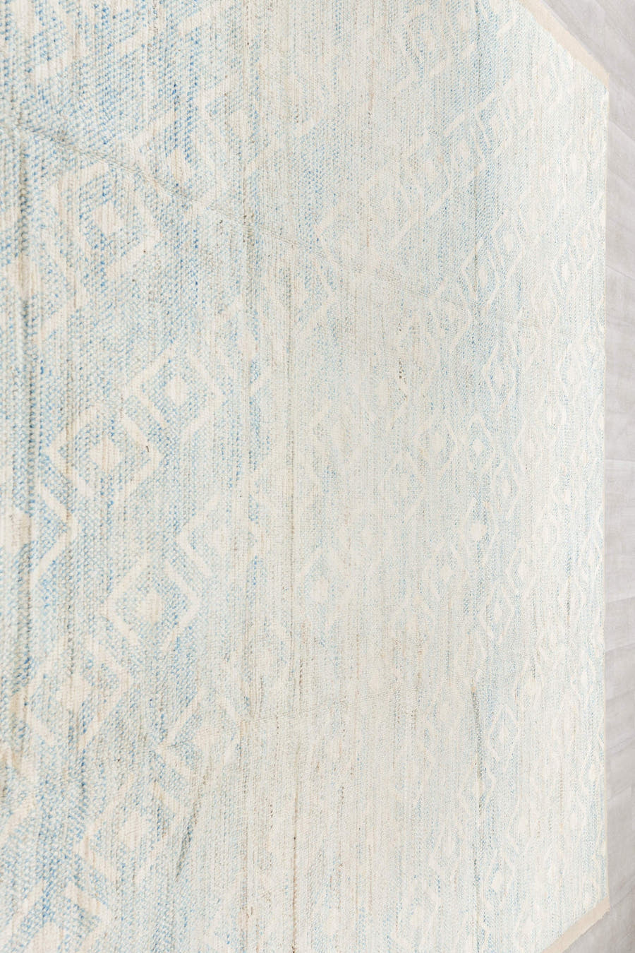 10' x 13' one-of-a-kind handmade vintage Tulu large size rug. Color palette: ivory, pale blue, cream, beige, taupe