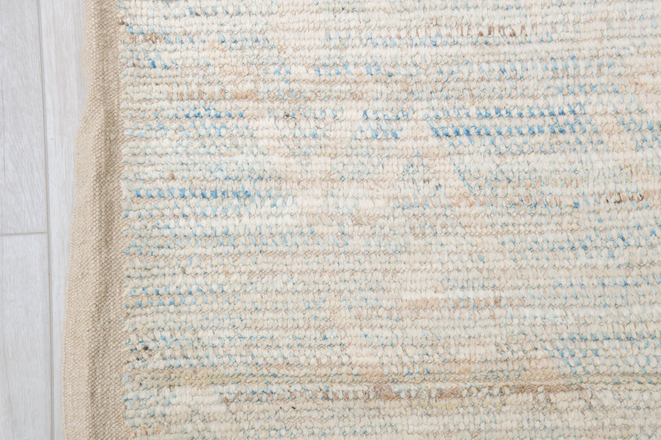 10' x 13' one-of-a-kind handmade vintage Tulu large size rug. Color palette: ivory, pale blue, cream, beige, taupe