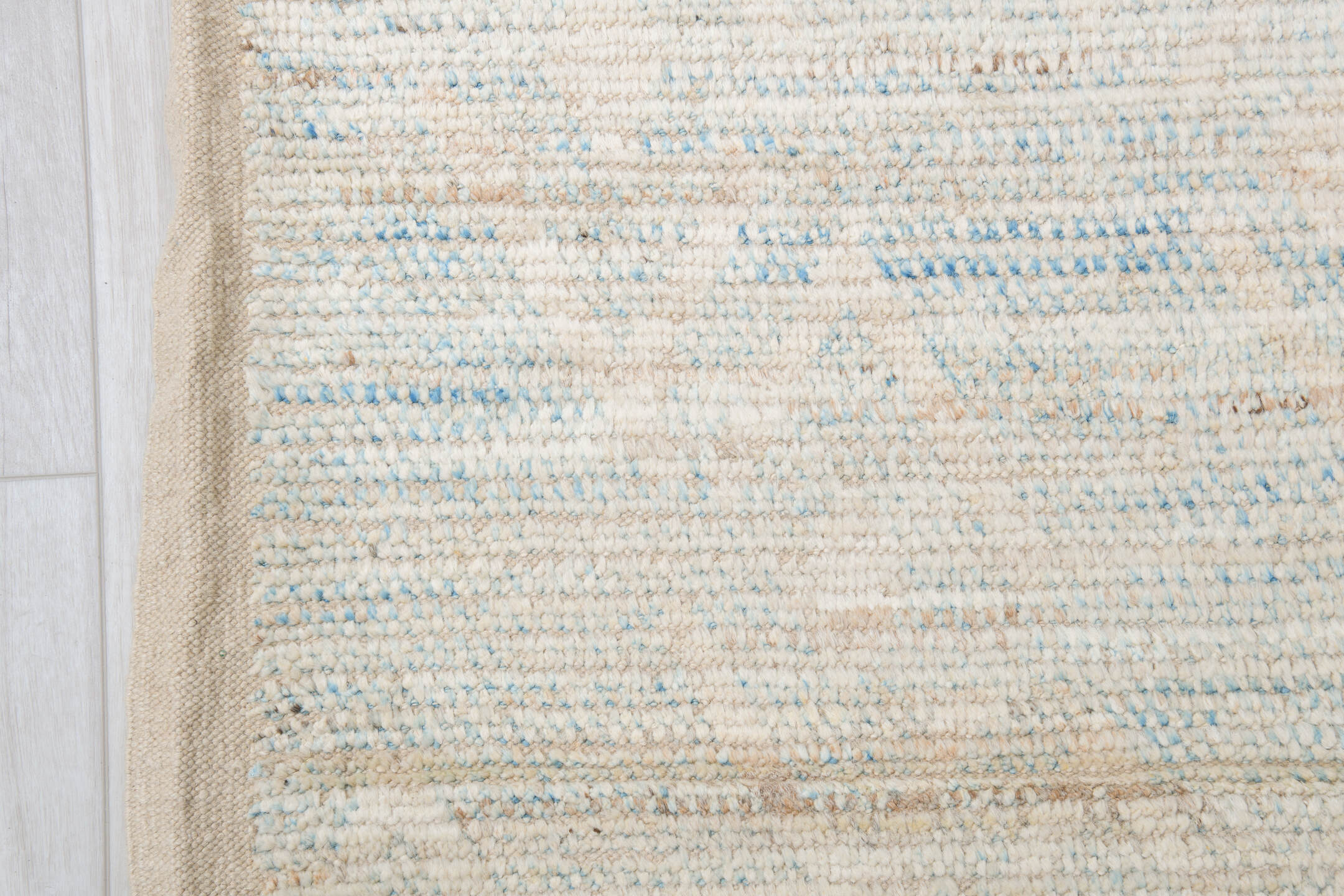 10' x 13' one-of-a-kind handmade vintage Tulu large size rug. Color palette: ivory, pale blue, cream, beige, taupe