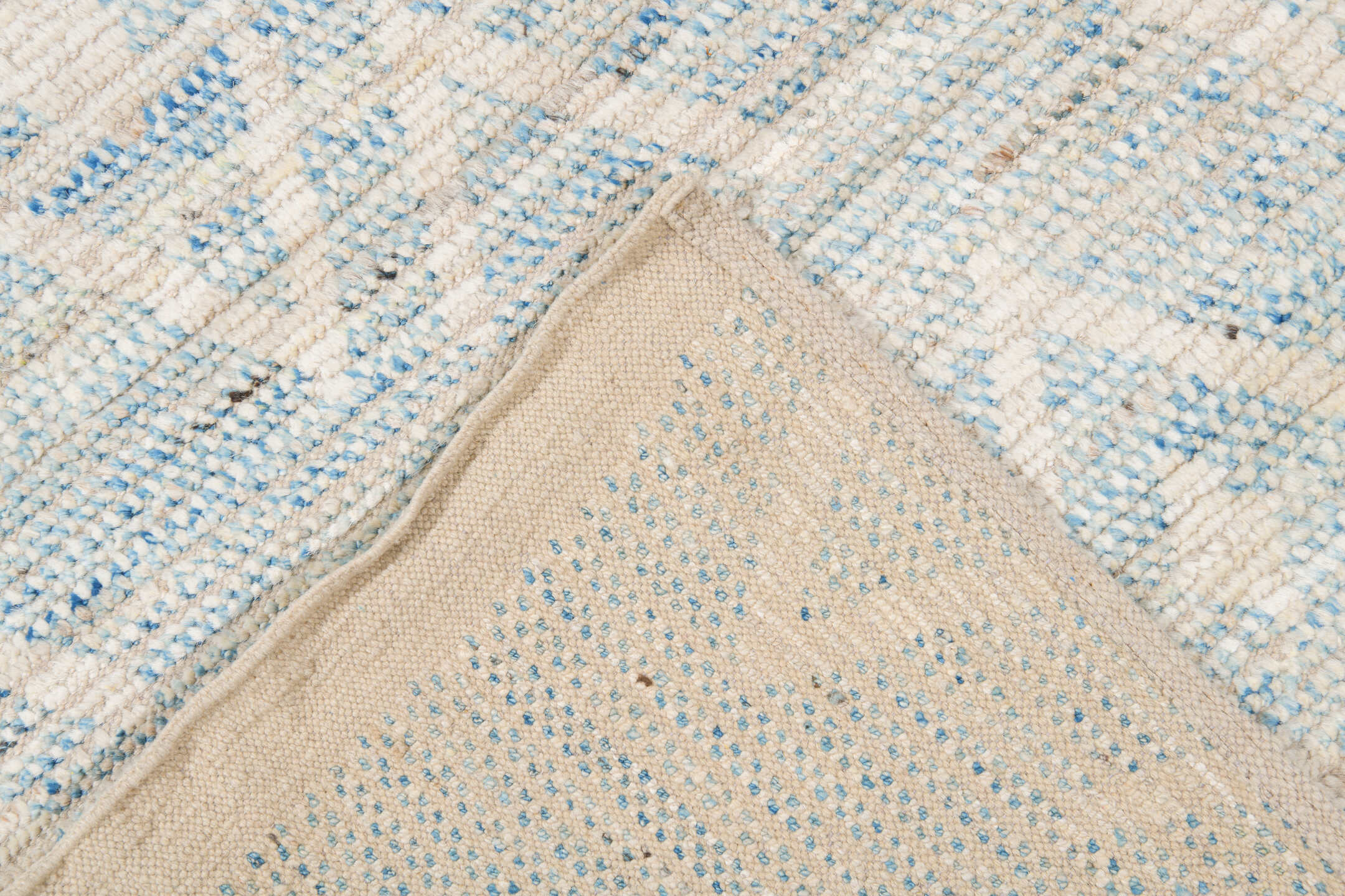 10' x 13' one-of-a-kind handmade vintage Tulu large size rug. Color palette: ivory, pale blue, cream, beige, taupe