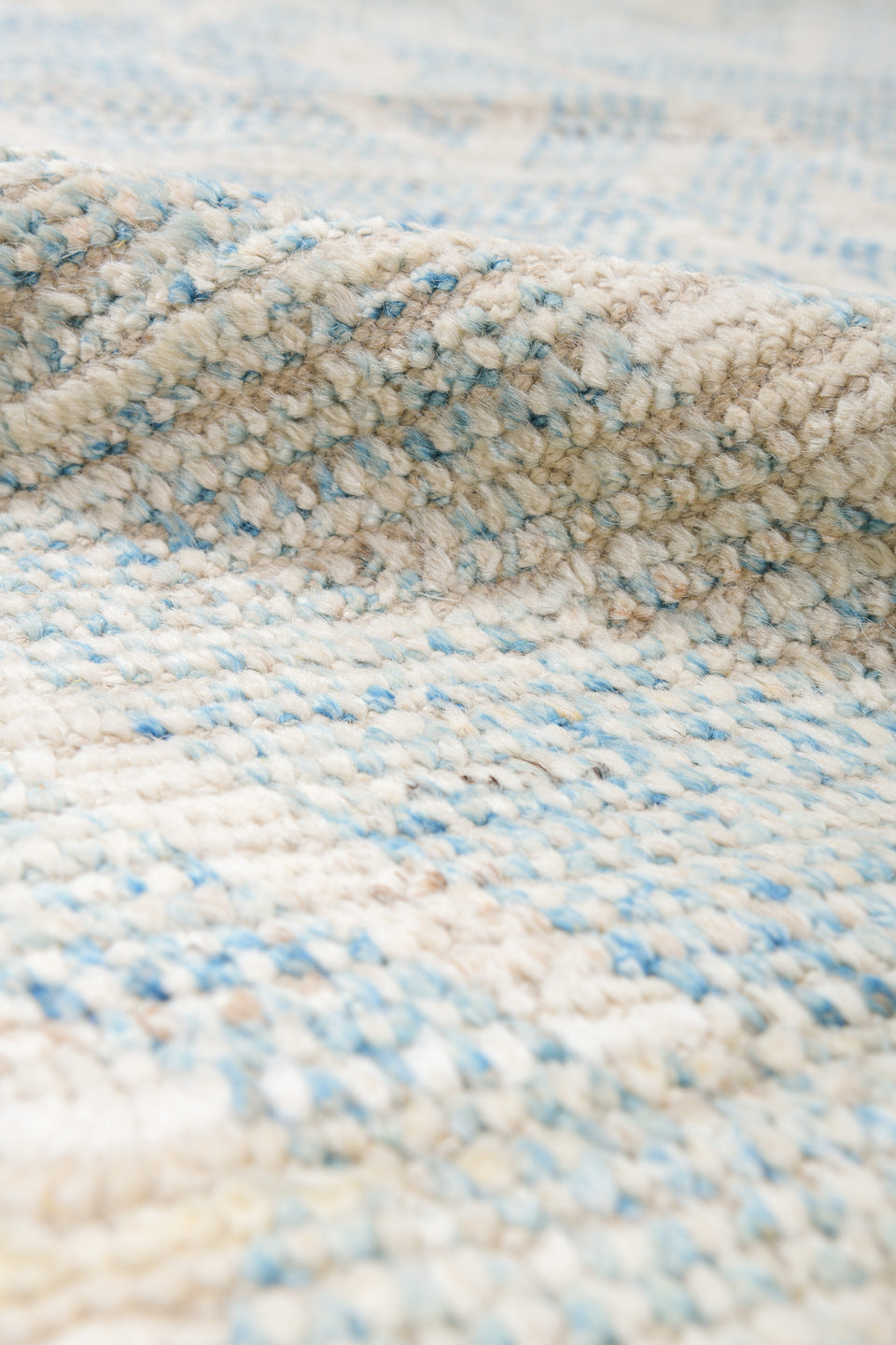 10' x 13' one-of-a-kind handmade vintage Tulu large size rug. Color palette: ivory, pale blue, cream, beige, taupe