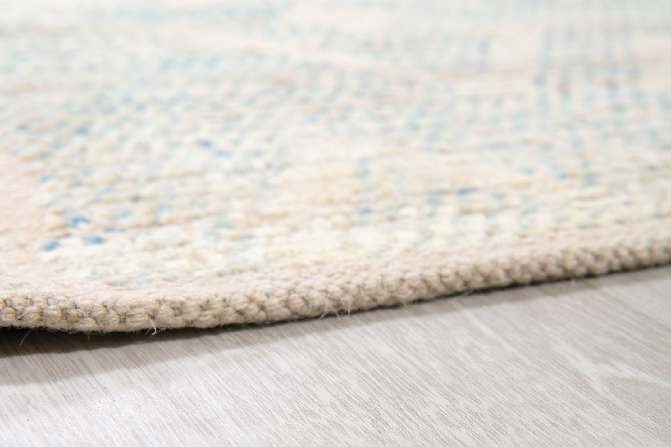 10' x 13' one-of-a-kind handmade vintage Tulu large size rug. Color palette: ivory, pale blue, cream, beige, taupe