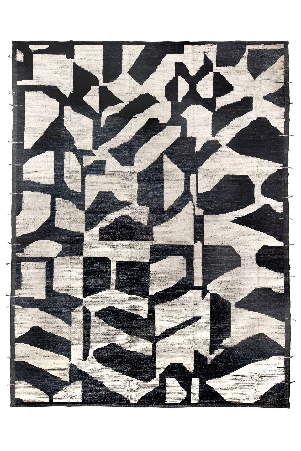 14' x 18' one-of-a-kind handmade vintage Tulu oversize rug. Color palette: black, blue, dark gray, dim gray, gainsboro, gray
