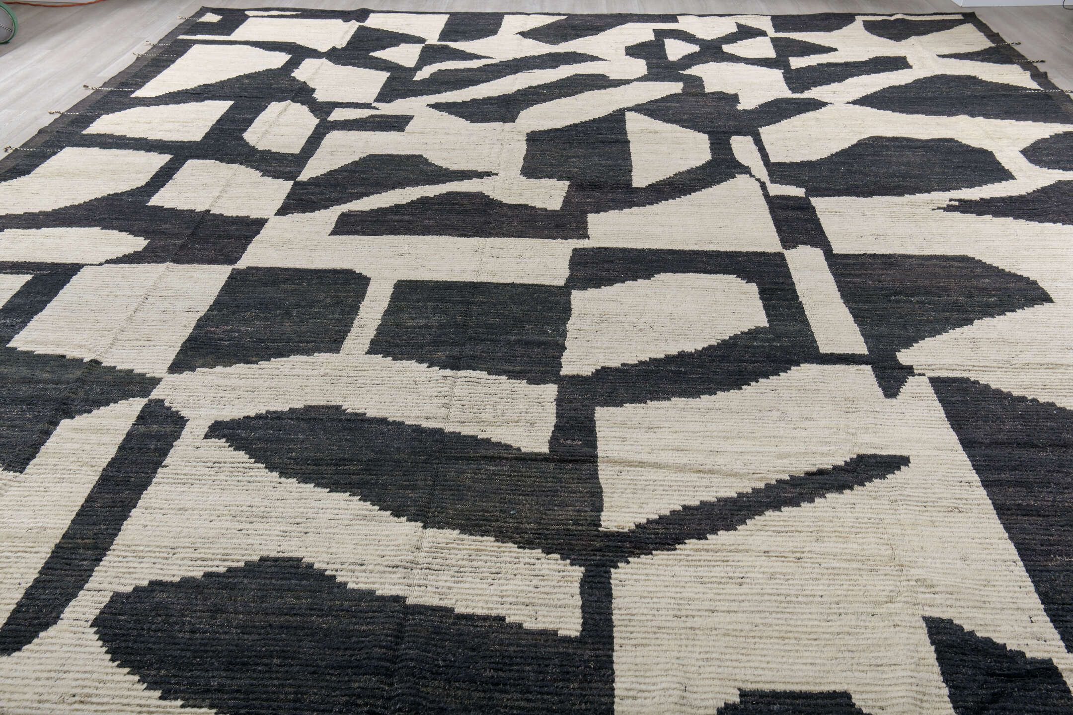 14' x 18' one-of-a-kind handmade vintage Tulu oversize rug. Color palette: black, blue, dark gray, dim gray, gainsboro, gray