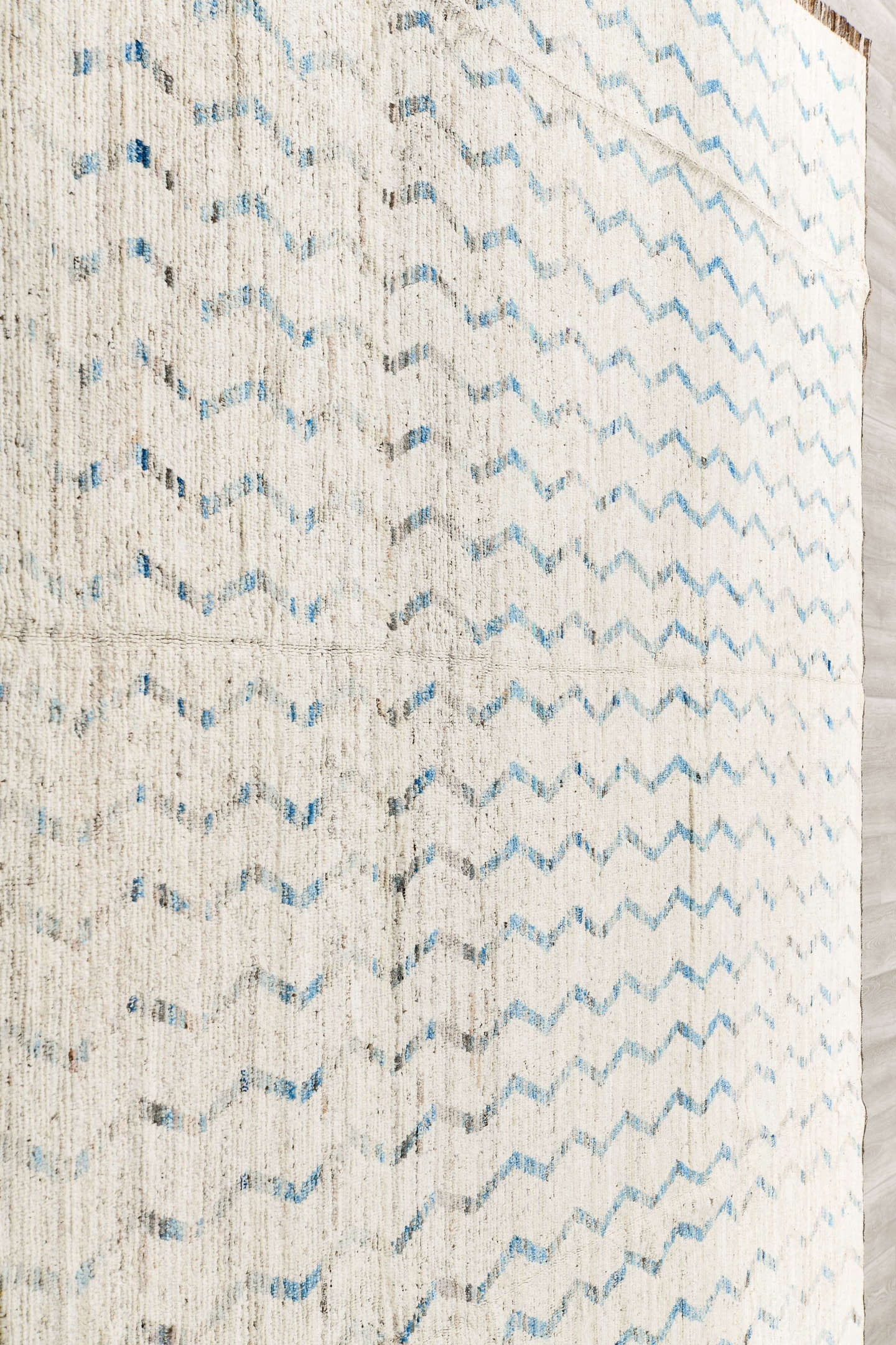 12' x 12' one-of-a-kind handmade vintage Tulu oversize rug. Color palette: ivory, pale blue, taupe, brown, light blue, beige