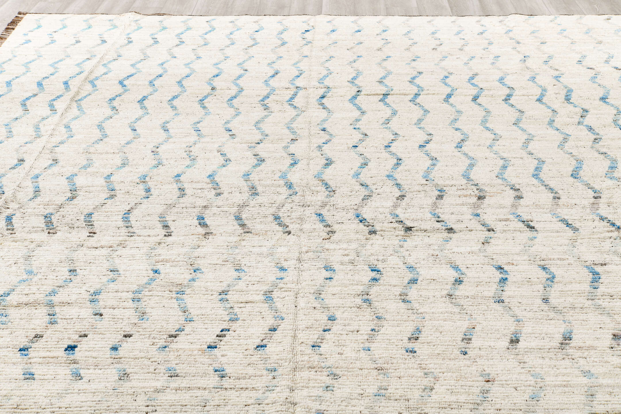 12' x 12' one-of-a-kind handmade vintage Tulu oversize rug. Color palette: blue, brown, gainsboro, gray, light blue