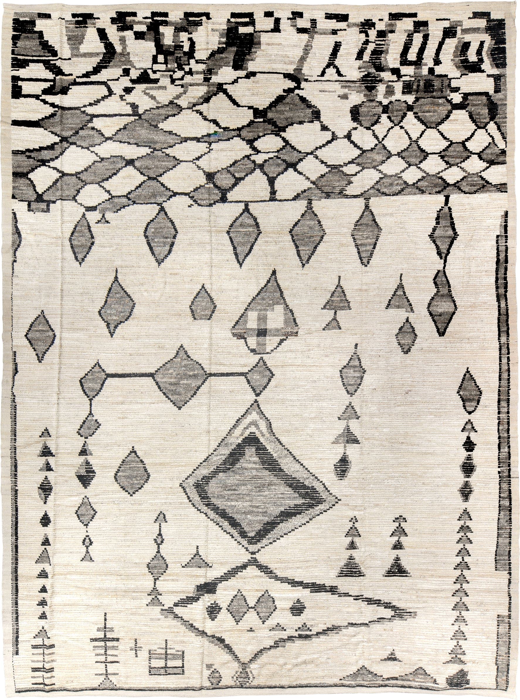 11' x 16' one-of-a-kind handmade vintage Tulu oversize rug. Color palette: ivory, charcoal, gray, cream, taupe, black, beige