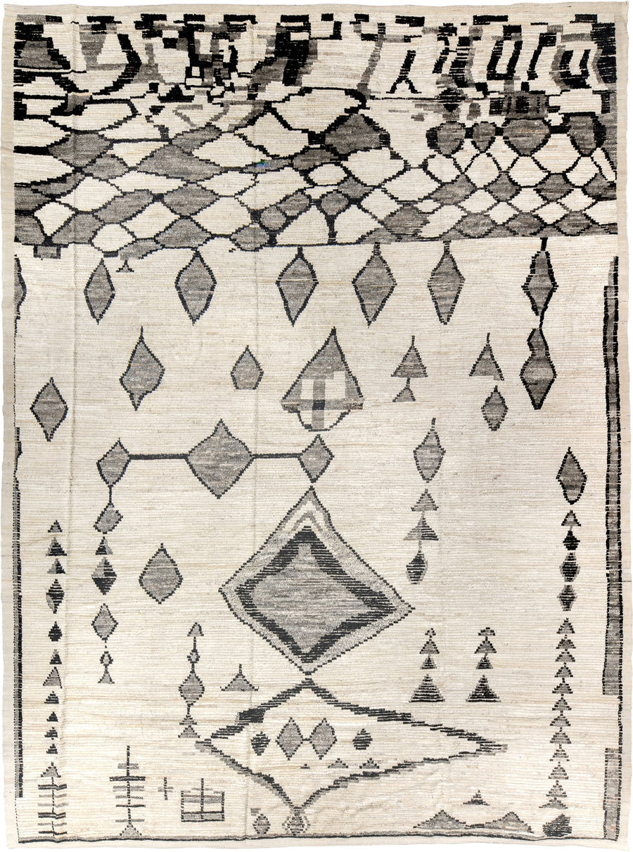 11' x 16' one-of-a-kind handmade vintage Tulu oversize rug. Color palette: ivory, charcoal, gray, cream, taupe, black, beige
