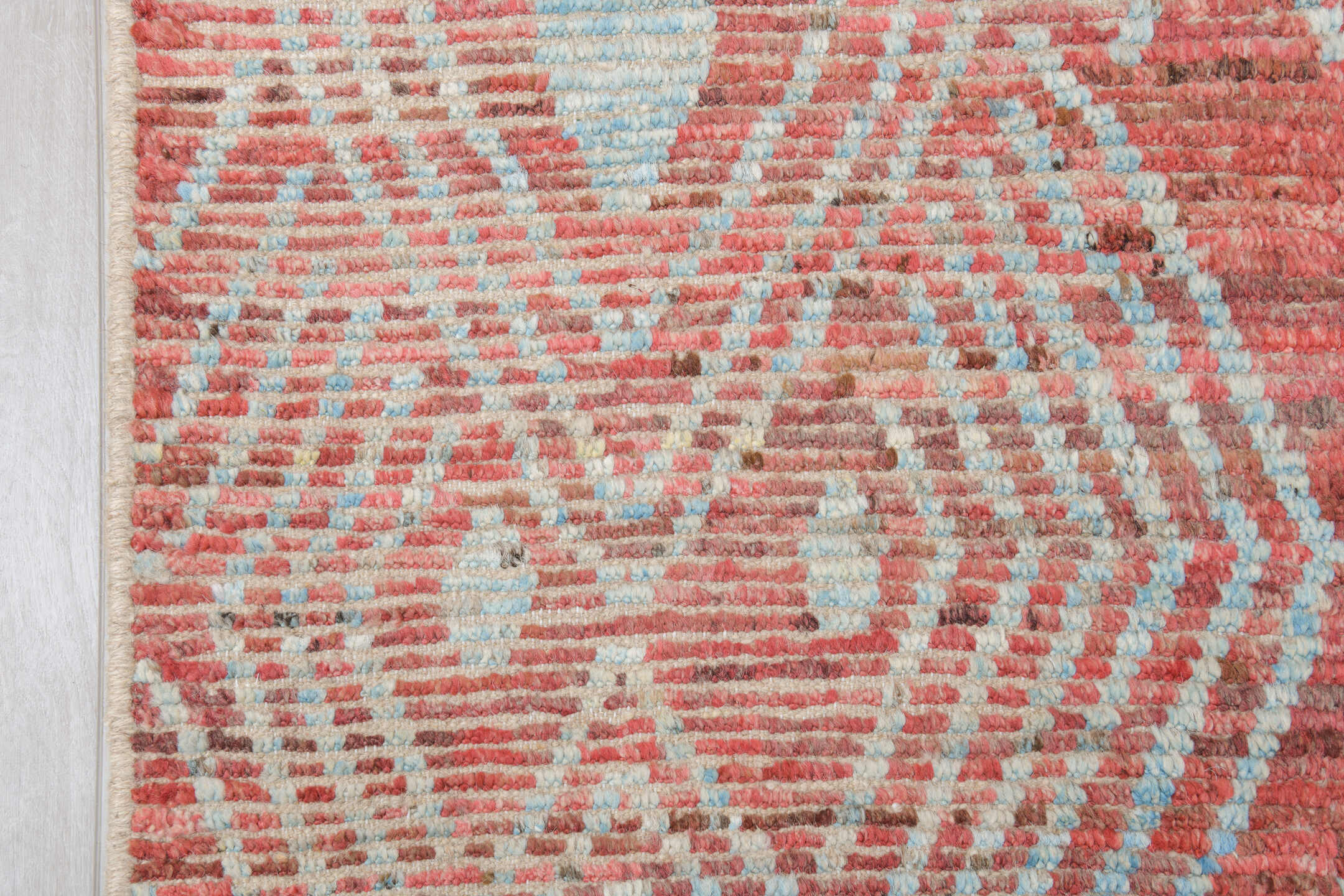 10' x 14' one-of-a-kind handmade vintage Tulu large size rug. Color palette: coral, ivory, rose, terra cotta, blush, taupe