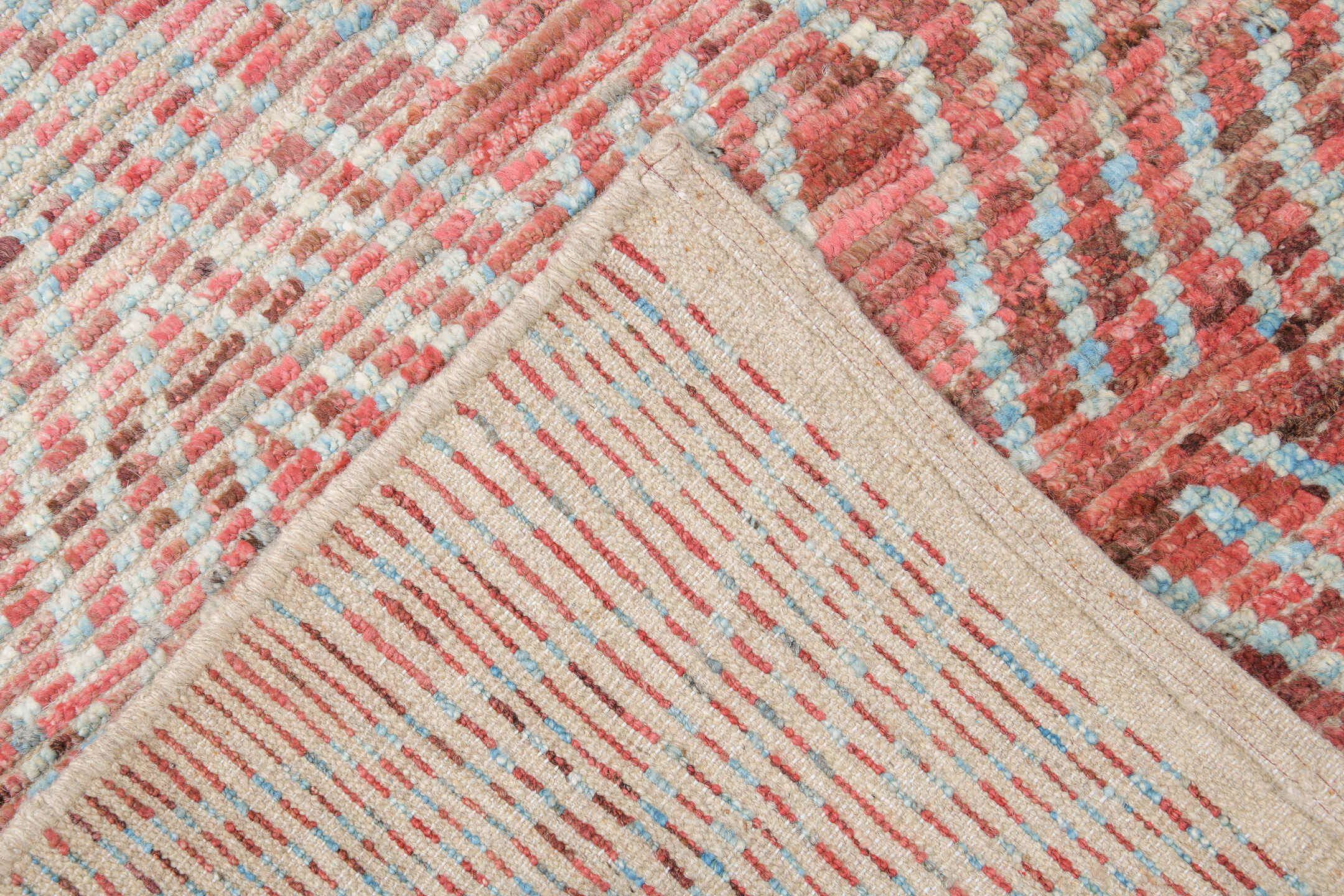 10' x 14' one-of-a-kind handmade vintage Tulu large size rug. Color palette: coral, ivory, rose, terra cotta, blush, taupe