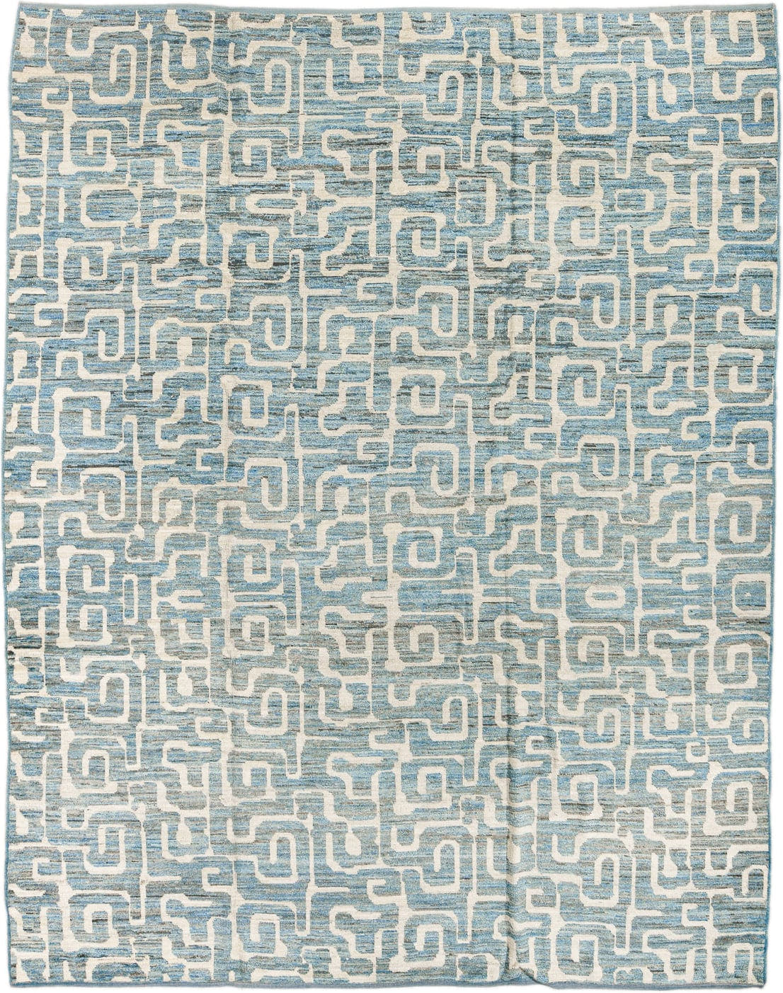 9' x 11' one-of-a-kind handmade vintage Tulu large size rug. Color palette: ivory, sky blue, pale blue, cream, light blue