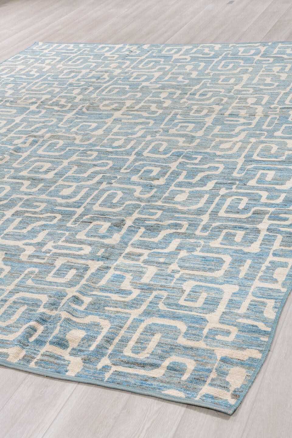 9' x 11' one-of-a-kind handmade vintage Tulu large size rug. Color palette: ivory, sky blue, pale blue, cream, light blue