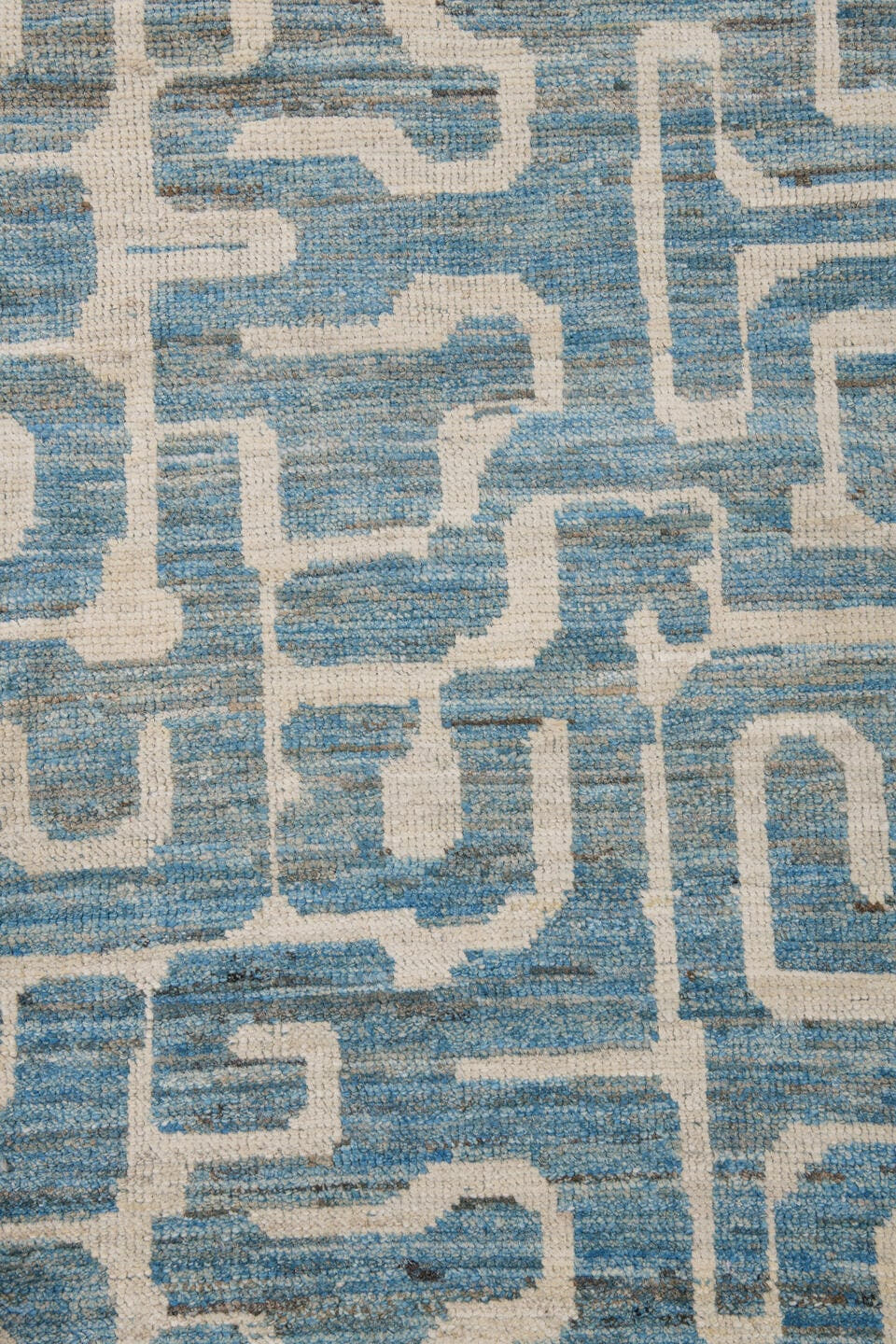 9' x 11' one-of-a-kind handmade vintage Tulu large size rug. Color palette: ivory, sky blue, pale blue, cream, light blue