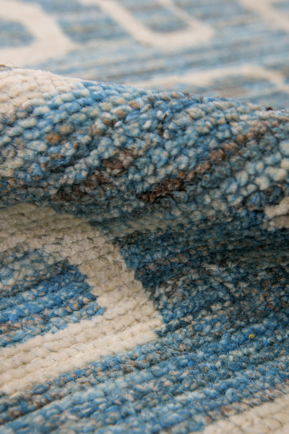 9' x 11' one-of-a-kind handmade vintage Tulu large size rug. Color palette: ivory, sky blue, pale blue, cream, light blue