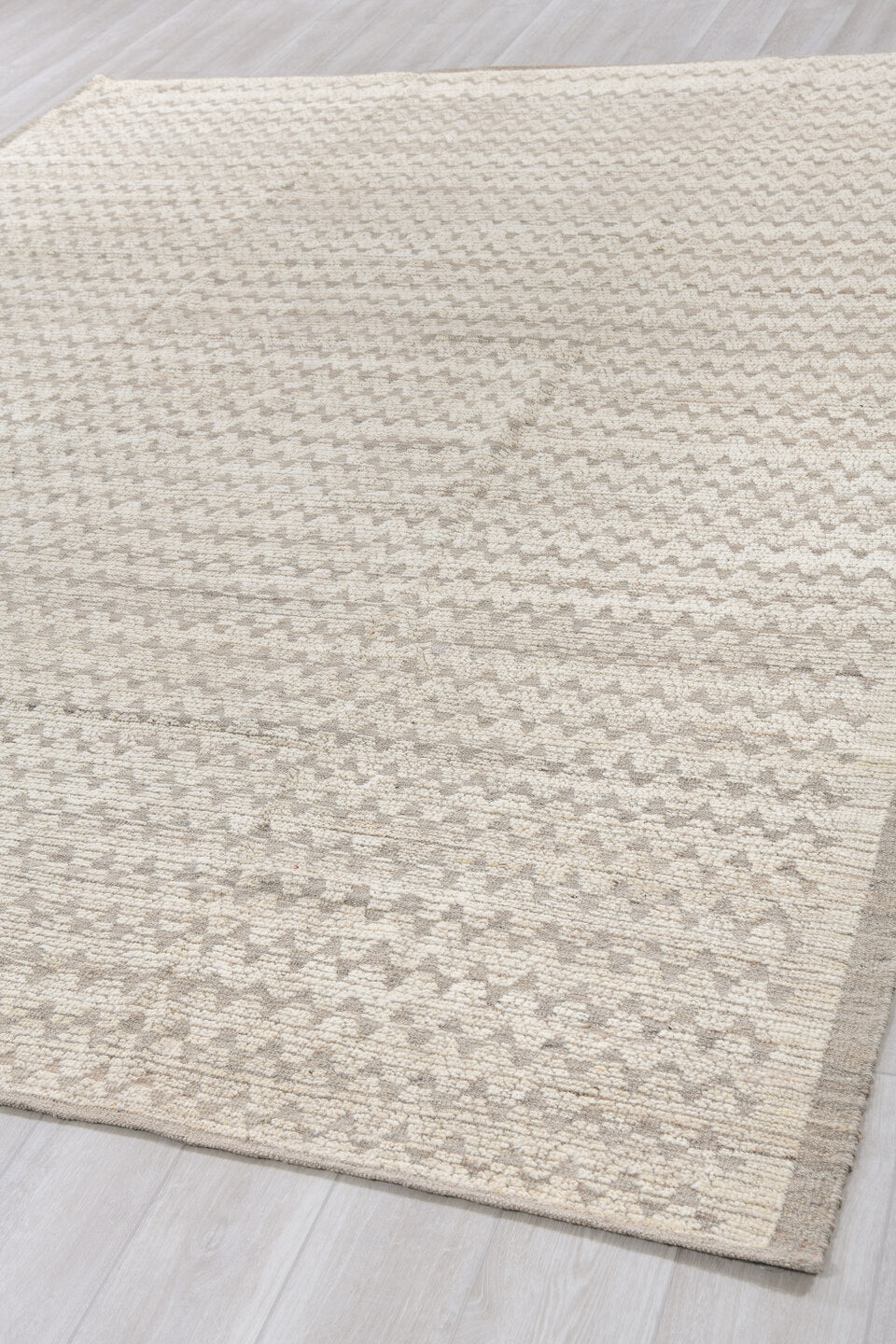 9' x 12' one-of-a-kind handmade vintage Tulu large size rug. Color palette: ivory, taupe, beige, cream, stone, gray