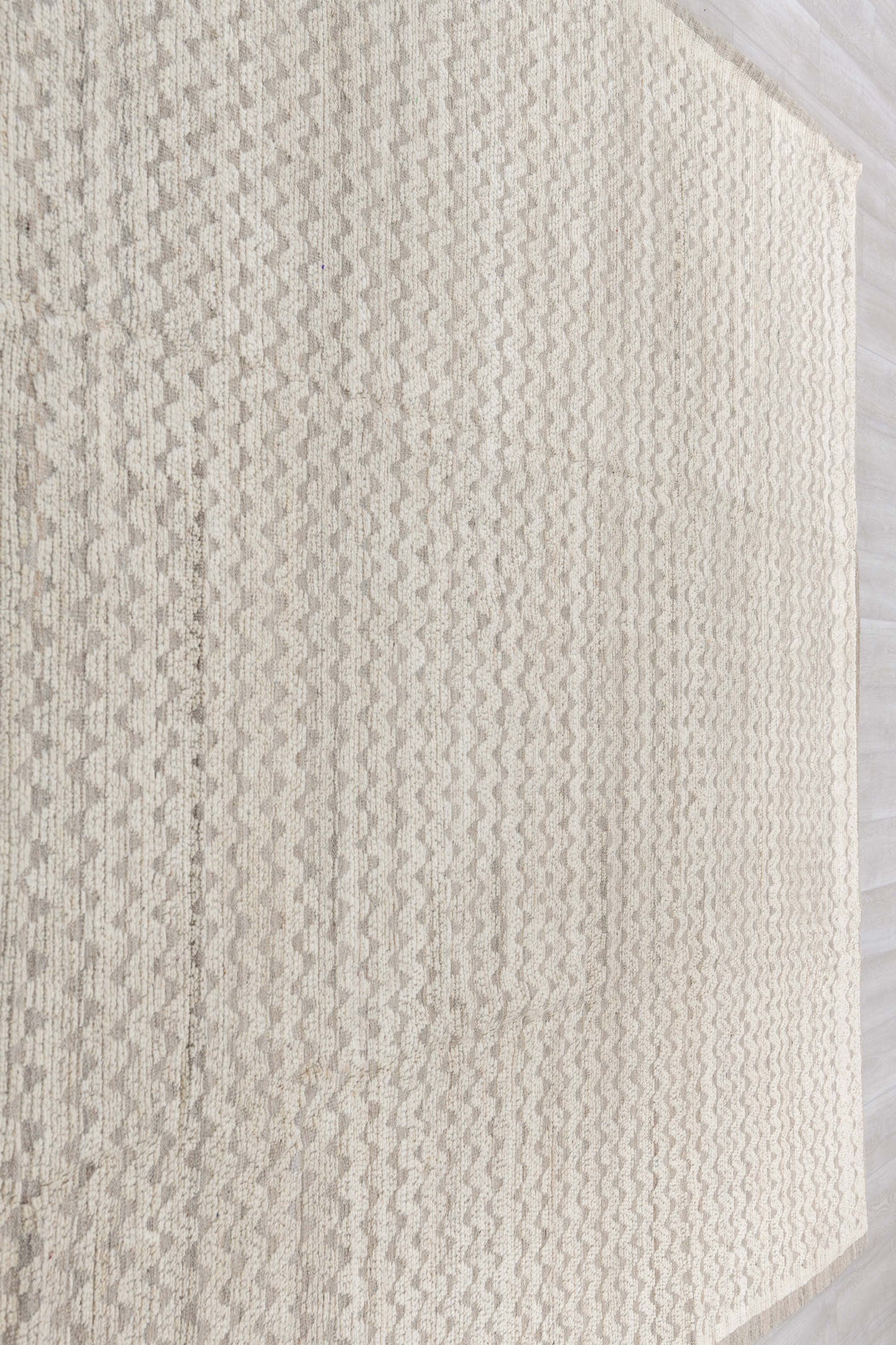 9' x 12' one-of-a-kind handmade vintage Tulu large size rug. Color palette: ivory, taupe, beige, cream, stone, gray