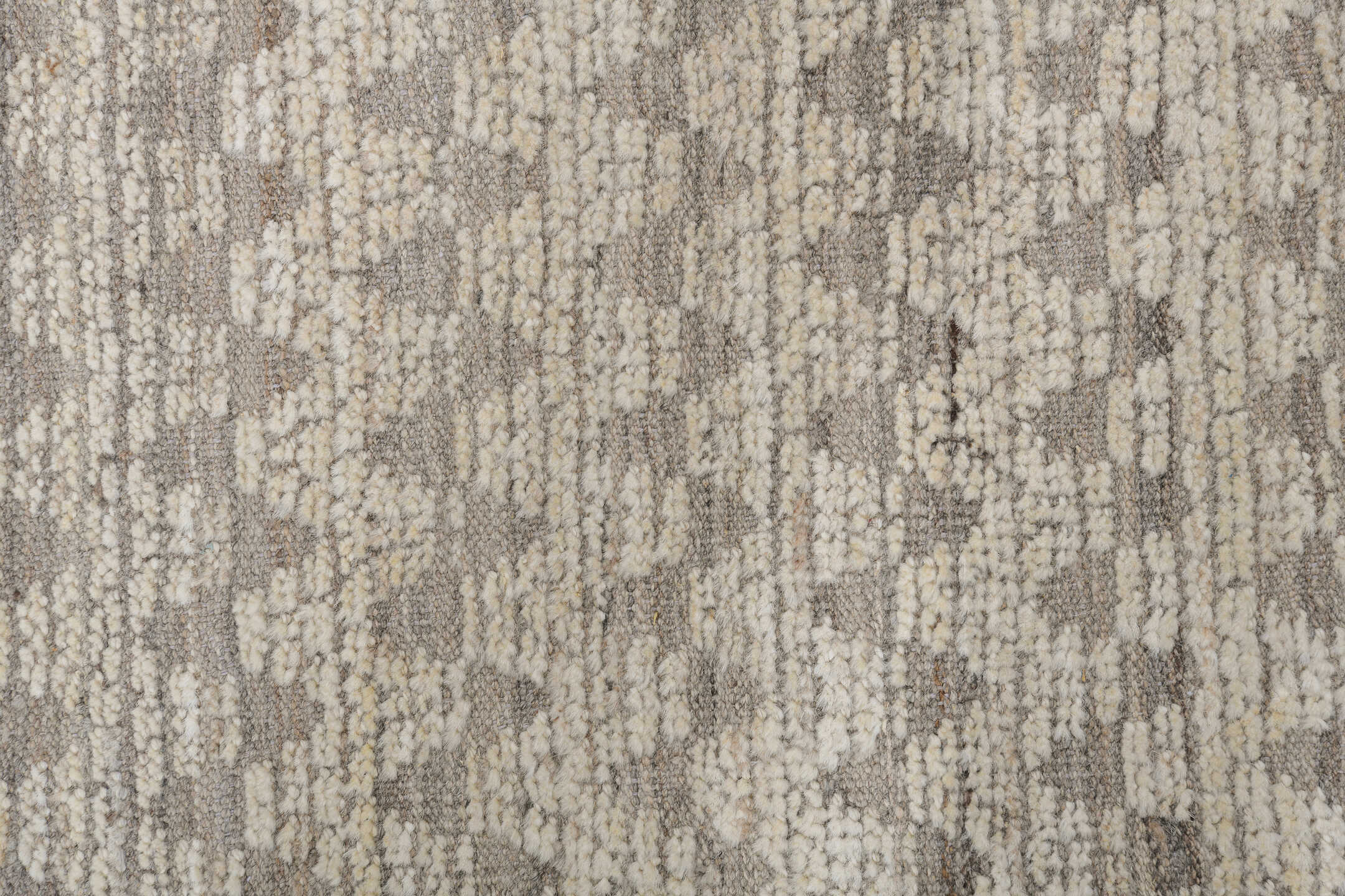 9' x 12' one-of-a-kind handmade vintage Tulu large size rug. Color palette: ivory, taupe, beige, cream, stone, gray