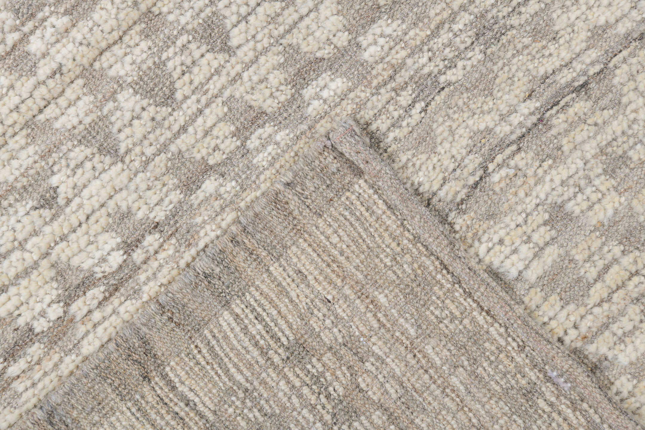 9' x 12' one-of-a-kind handmade vintage Tulu large size rug. Color palette: ivory, taupe, beige, cream, stone, gray