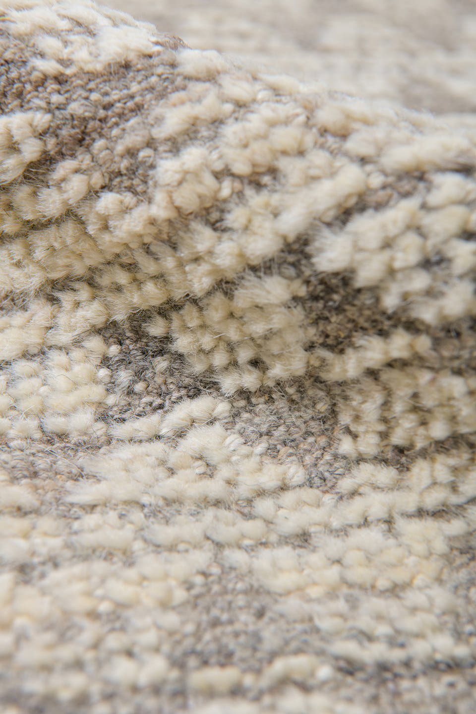 9' x 12' one-of-a-kind handmade vintage Tulu large size rug. Color palette: ivory, taupe, beige, cream, stone, gray