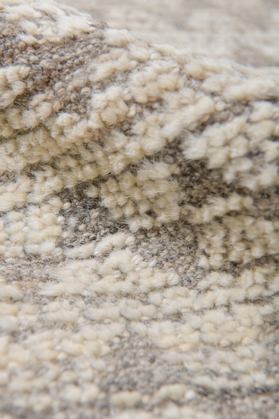 9' x 12' one-of-a-kind handmade vintage Tulu large size rug. Color palette: ivory, taupe, beige, cream, stone, gray