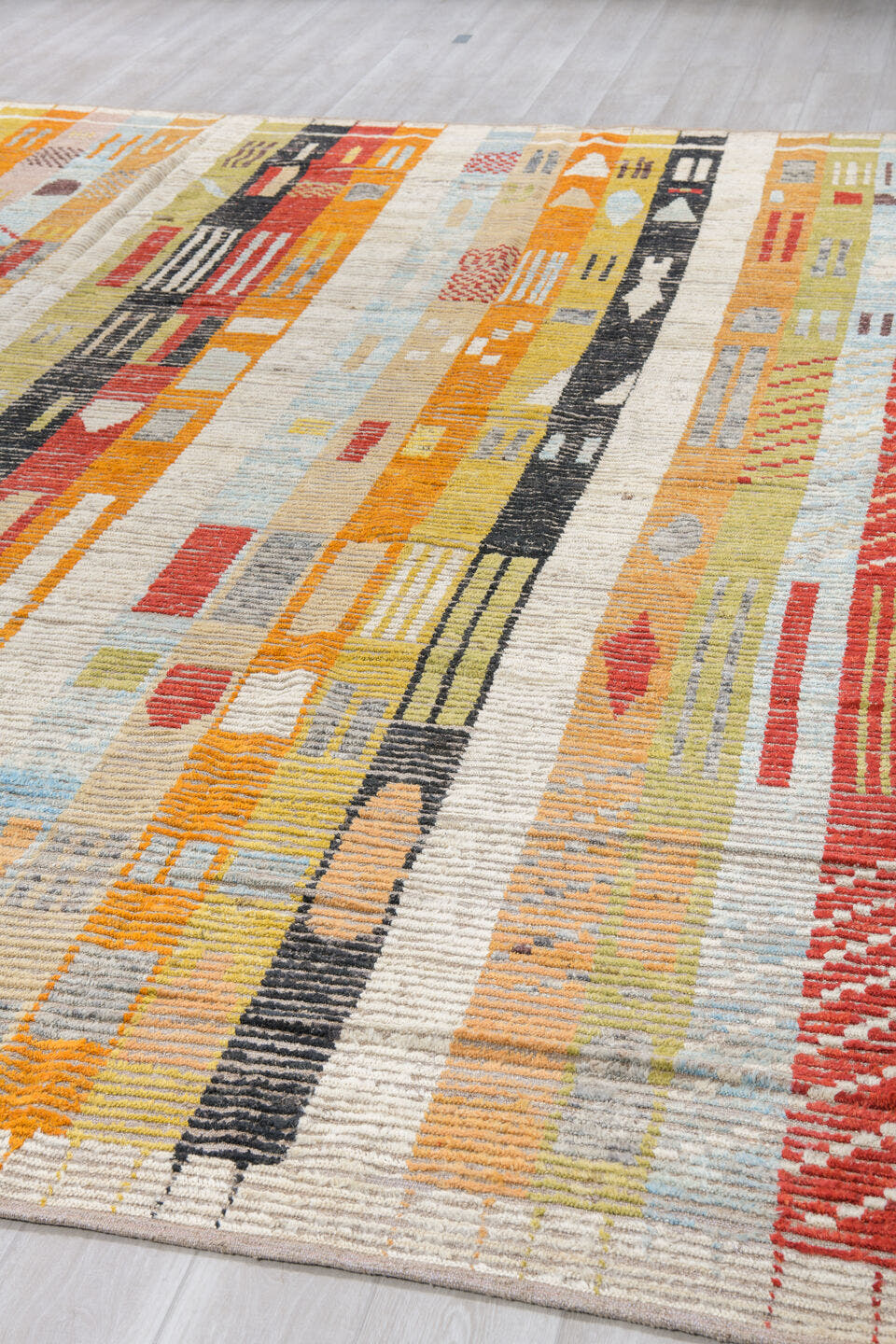 10' x 13' one-of-a-kind handmade vintage Tulu oversize rug. Color palette: ivory, rust, saffron, charcoal, pale blue, sage