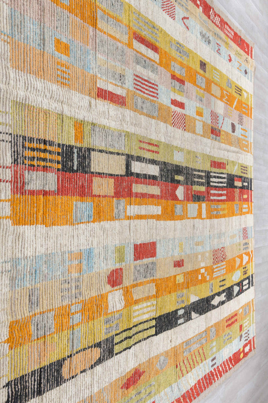 10' x 13' one-of-a-kind handmade vintage Tulu oversize rug. Color palette: ivory, rust, saffron, charcoal, pale blue, sage