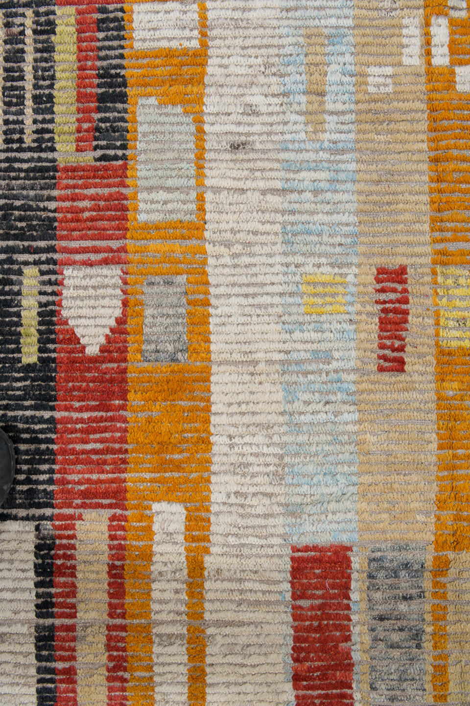 10' x 13' one-of-a-kind handmade vintage Tulu oversize rug. Color palette: ivory, rust, saffron, charcoal, pale blue, sage