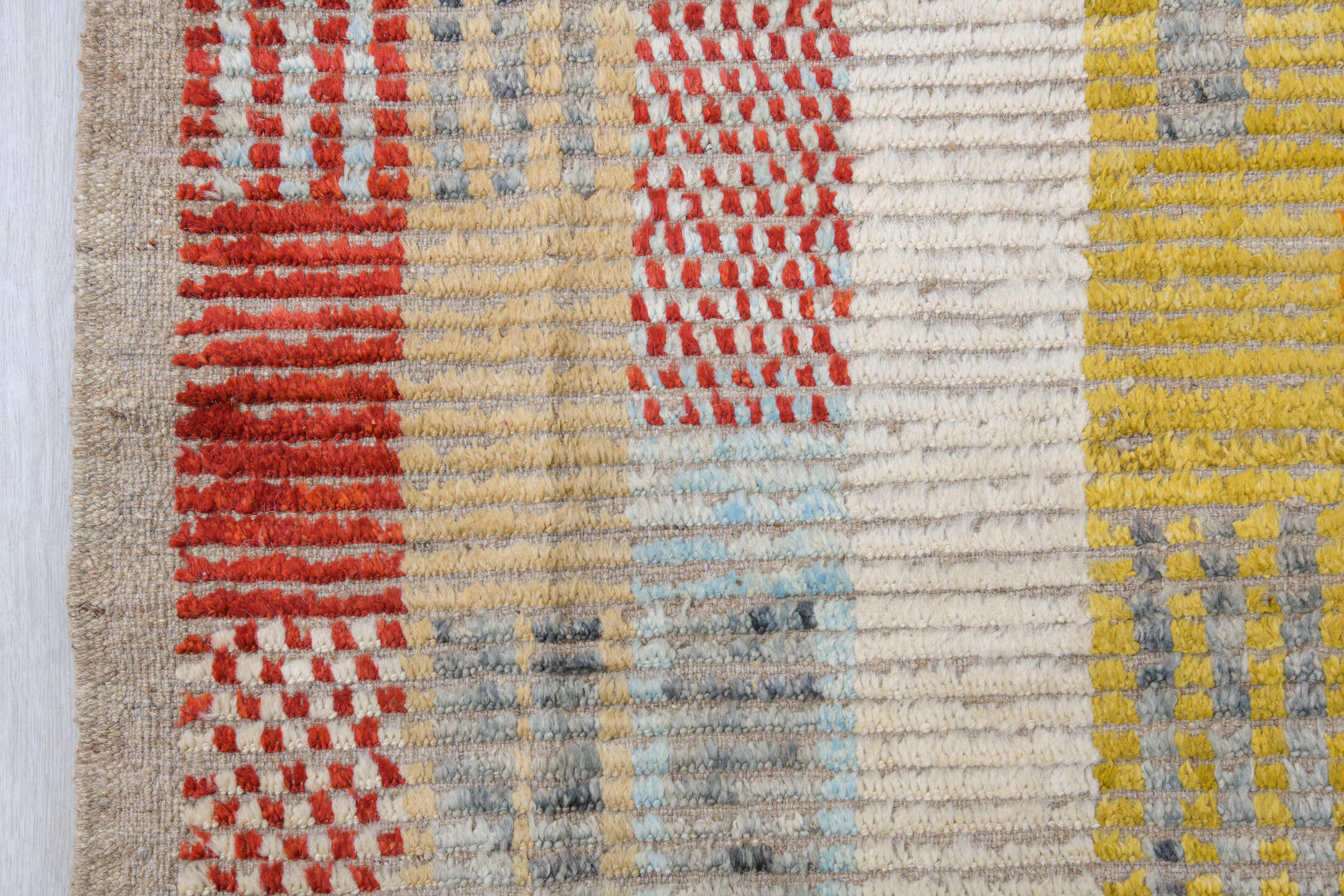 10' x 13' one-of-a-kind handmade vintage Tulu oversize rug. Color palette: ivory, rust, saffron, charcoal, pale blue, sage